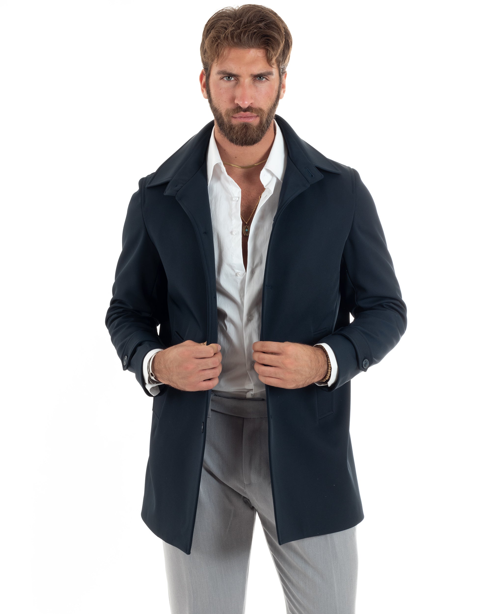 Giubbotto Uomo Imbottito Trench Lungo Con Colletto Basic Giaccone Caldo Tessuto Impermeabile Casual Tinta Unita Blu GIOSAL-G3267A