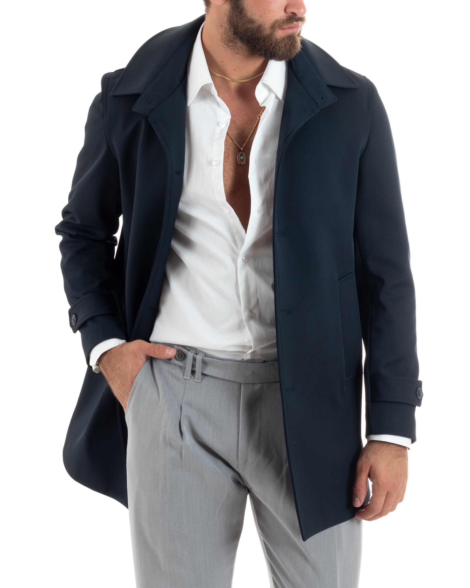 Giubbotto Uomo Imbottito Trench Lungo Con Colletto Basic Giaccone Caldo Tessuto Impermeabile Casual Tinta Unita Blu GIOSAL-G3267A