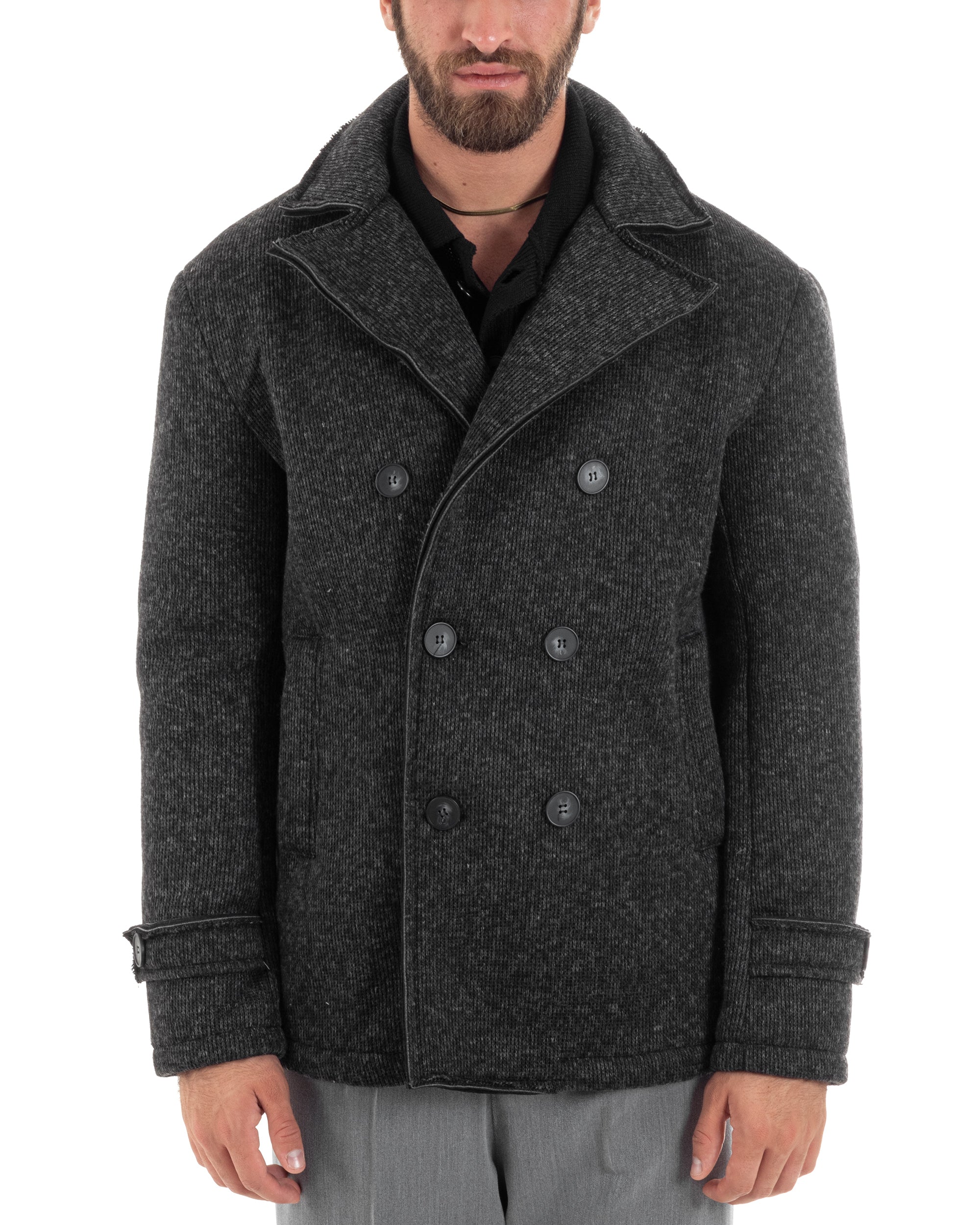 Cappotto Doppiopetto Uomo Giubbotto Caban Casual Collo Rever Caldo Nero Melangiato GIOSAL-G3261A