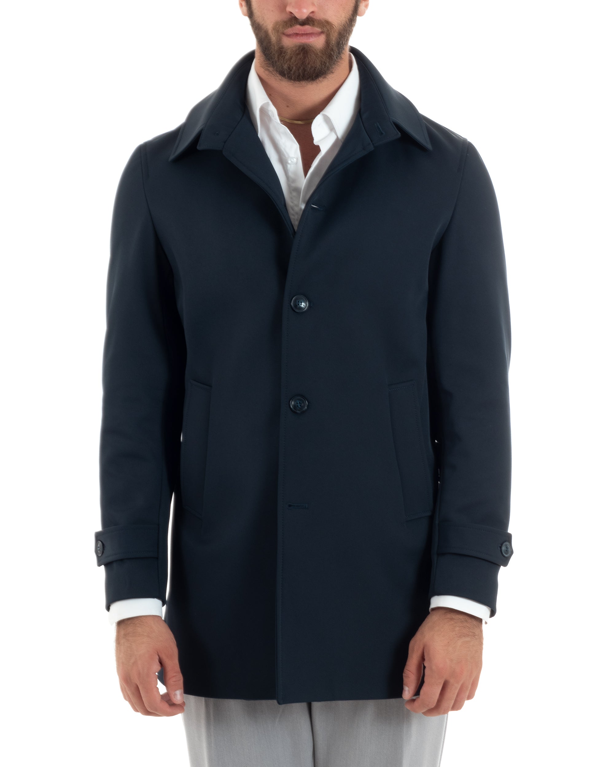 Giubbotto Uomo Imbottito Trench Lungo Con Colletto Basic Giaccone Caldo Tessuto Impermeabile Casual Tinta Unita Blu GIOSAL-G3267A