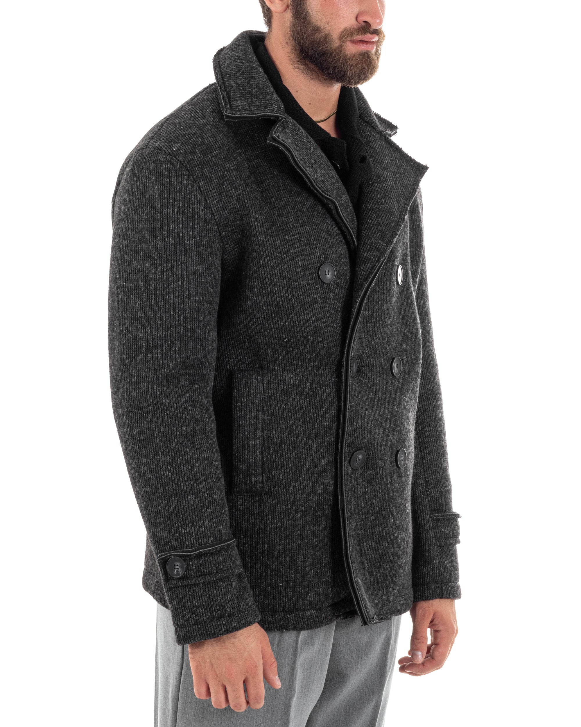 Cappotto Doppiopetto Uomo Giubbotto Caban Casual Collo Rever Caldo Nero Melangiato GIOSAL-G3261A