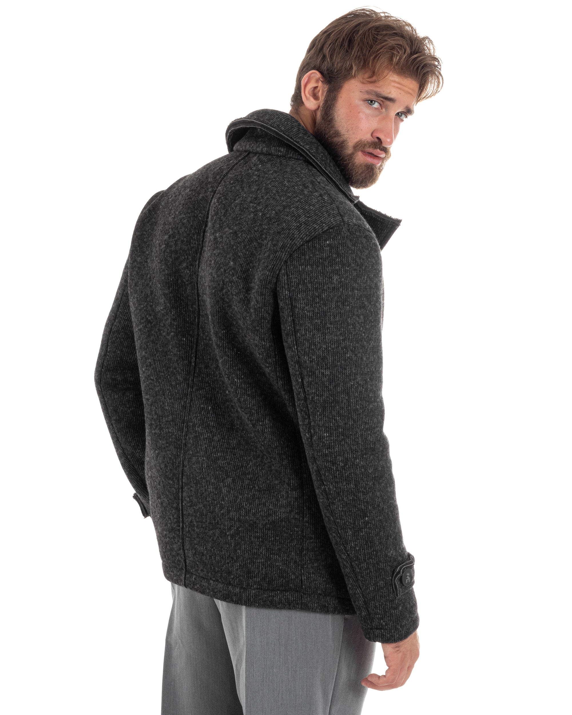 Cappotto Doppiopetto Uomo Giubbotto Caban Casual Collo Rever Caldo Nero Melangiato GIOSAL-G3261A