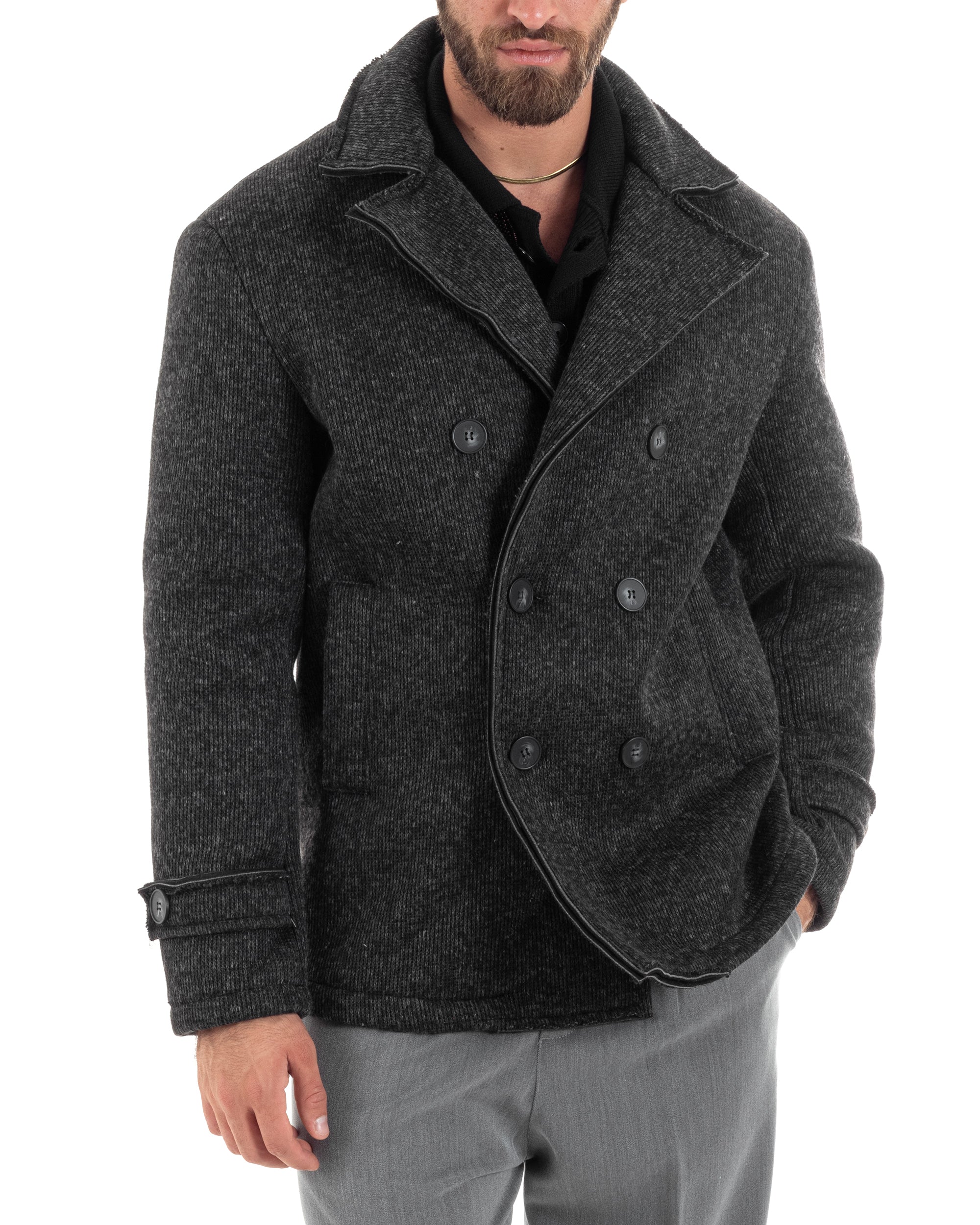 Cappotto Doppiopetto Uomo Giubbotto Caban Casual Collo Rever Caldo Nero Melangiato GIOSAL-G3261A