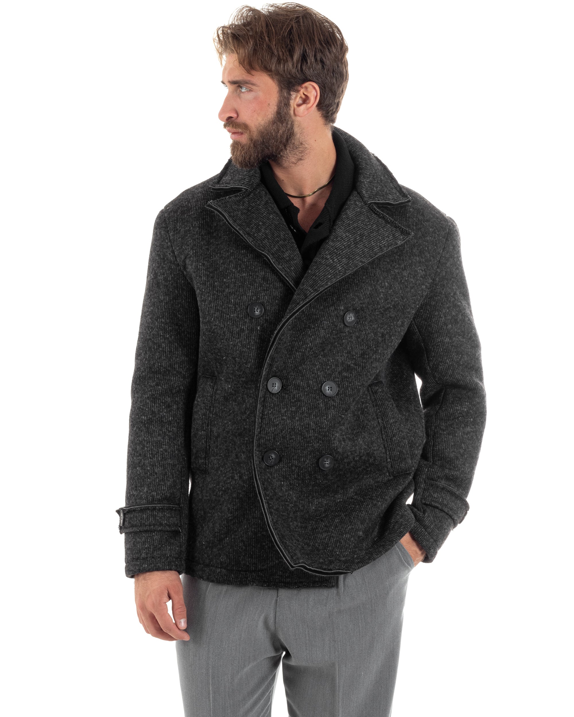 Cappotto Doppiopetto Uomo Giubbotto Caban Casual Collo Rever Caldo Nero Melangiato GIOSAL-G3261A