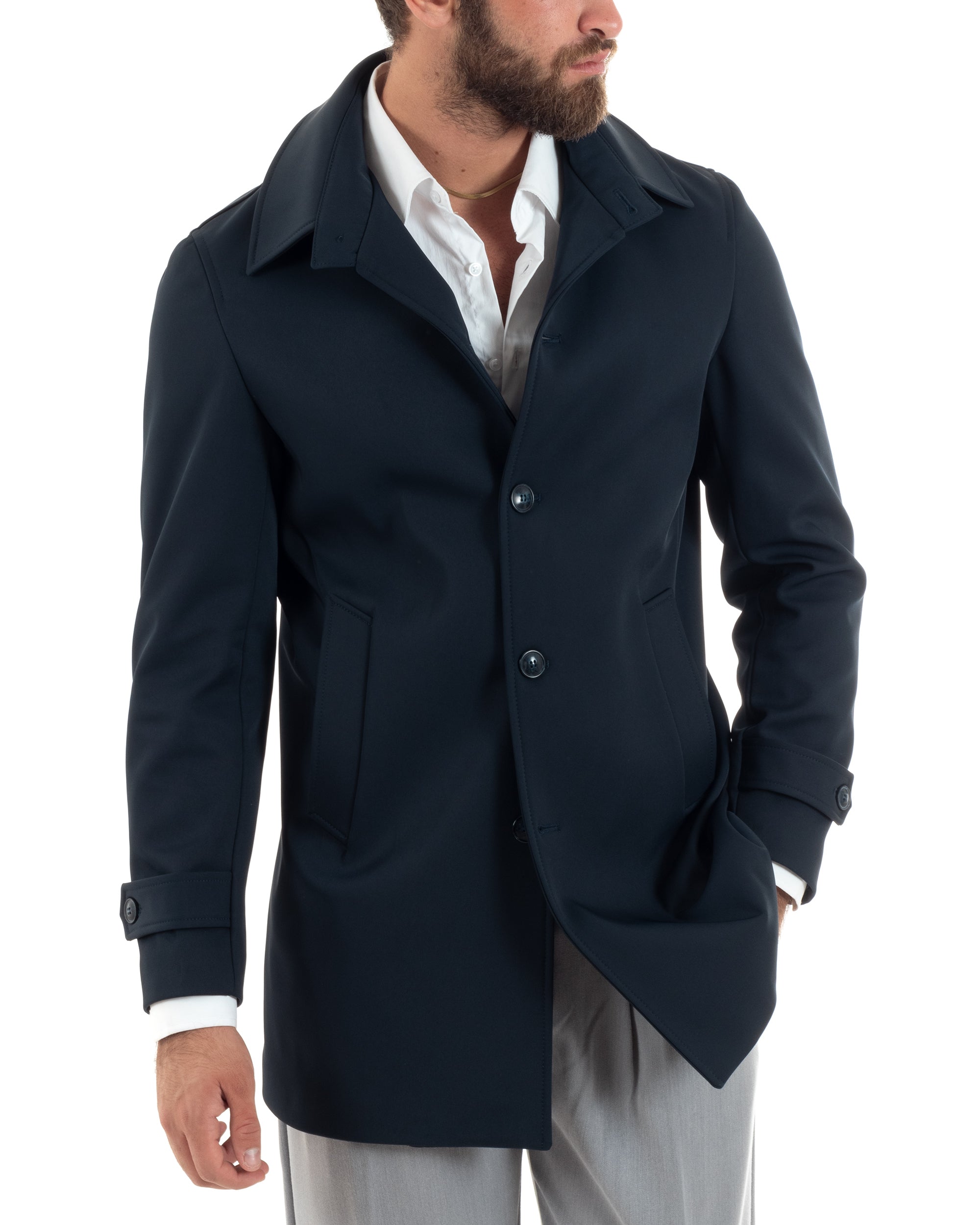 Giubbotto Uomo Imbottito Trench Lungo Con Colletto Basic Giaccone Caldo Tessuto Impermeabile Casual Tinta Unita Blu GIOSAL-G3267A