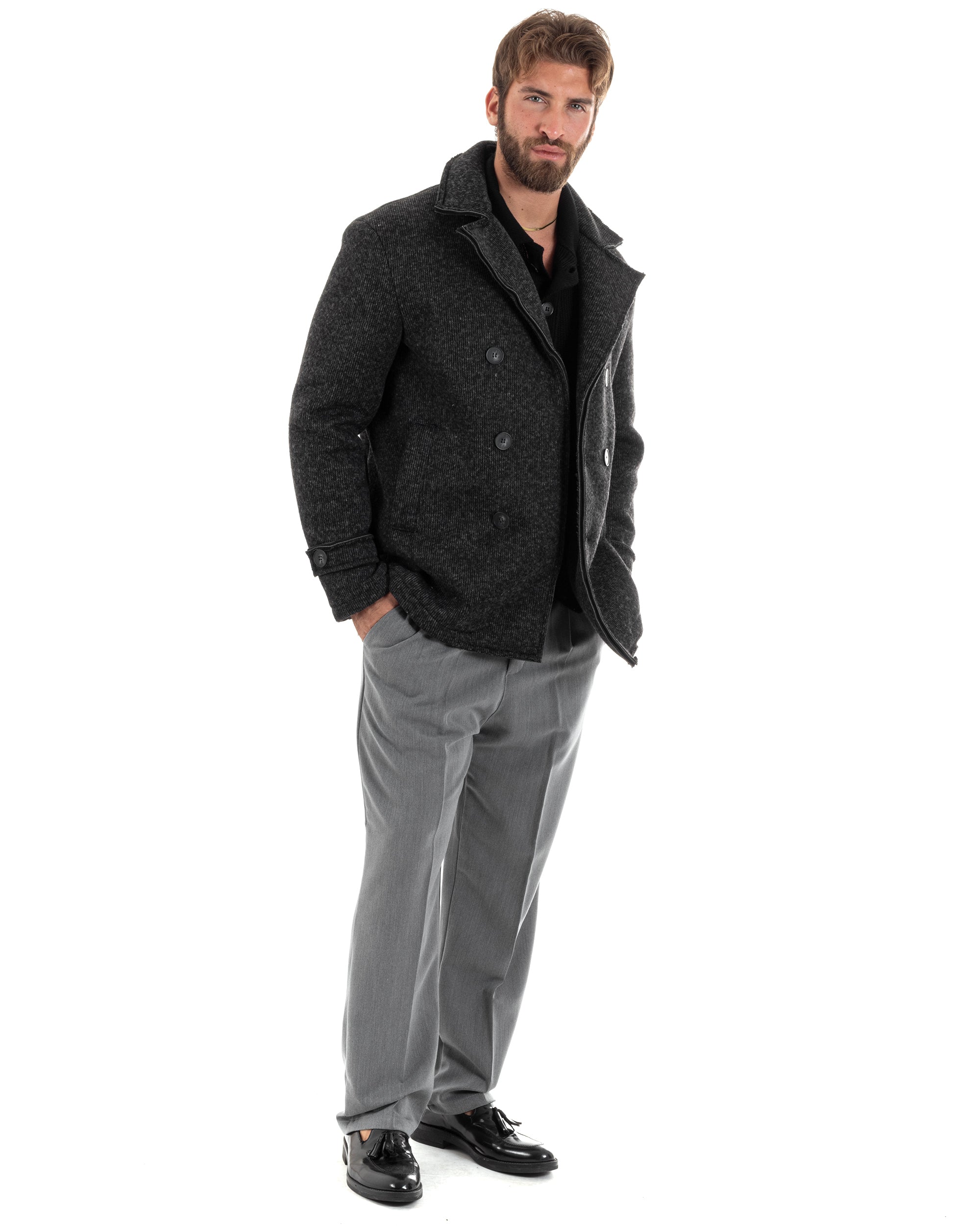 Cappotto Doppiopetto Uomo Giubbotto Caban Casual Collo Rever Caldo Nero Melangiato GIOSAL-G3261A