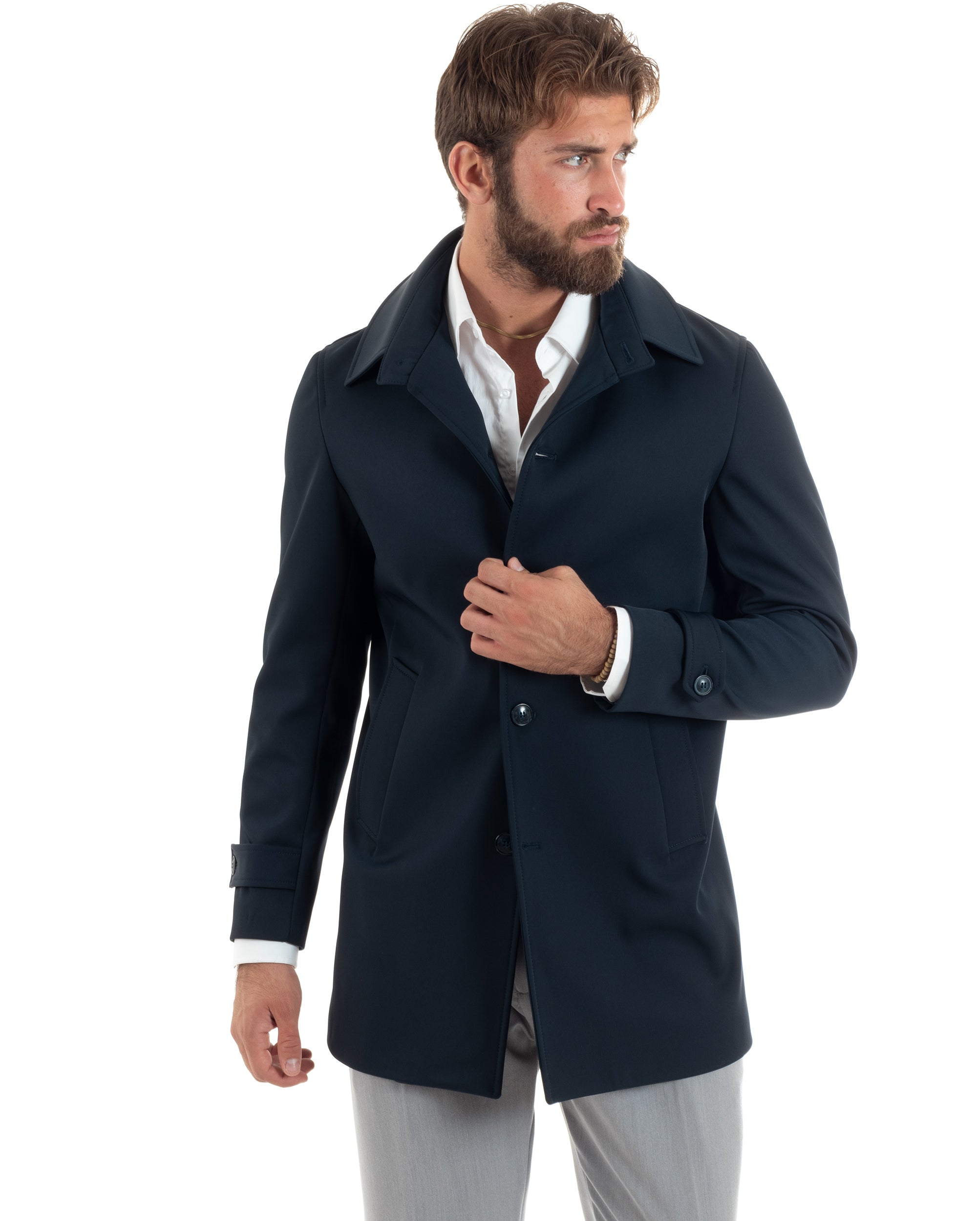 Giubbotto Uomo Imbottito Trench Lungo Con Colletto Basic Giaccone Caldo Tessuto Impermeabile Casual Tinta Unita Blu GIOSAL-G3267A