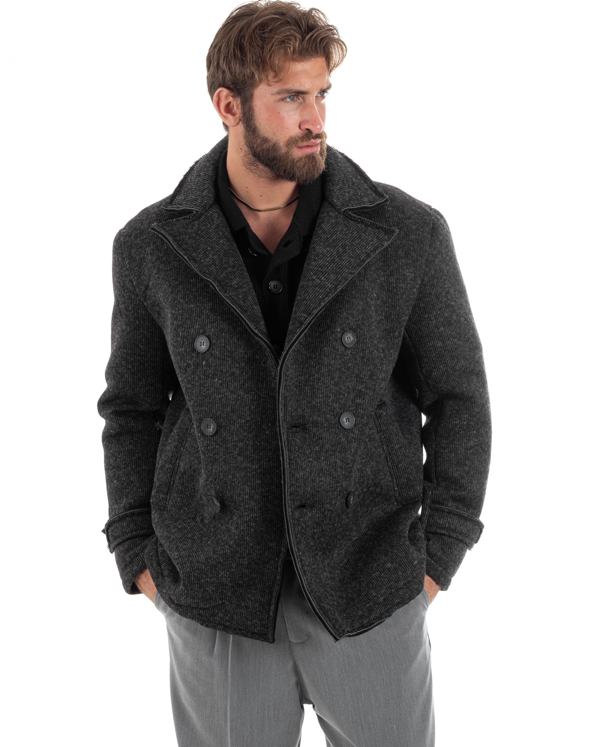 Cappotto Doppiopetto Uomo Giubbotto Caban Casual Collo Rever Caldo Nero Melangiato GIOSAL-G3261A