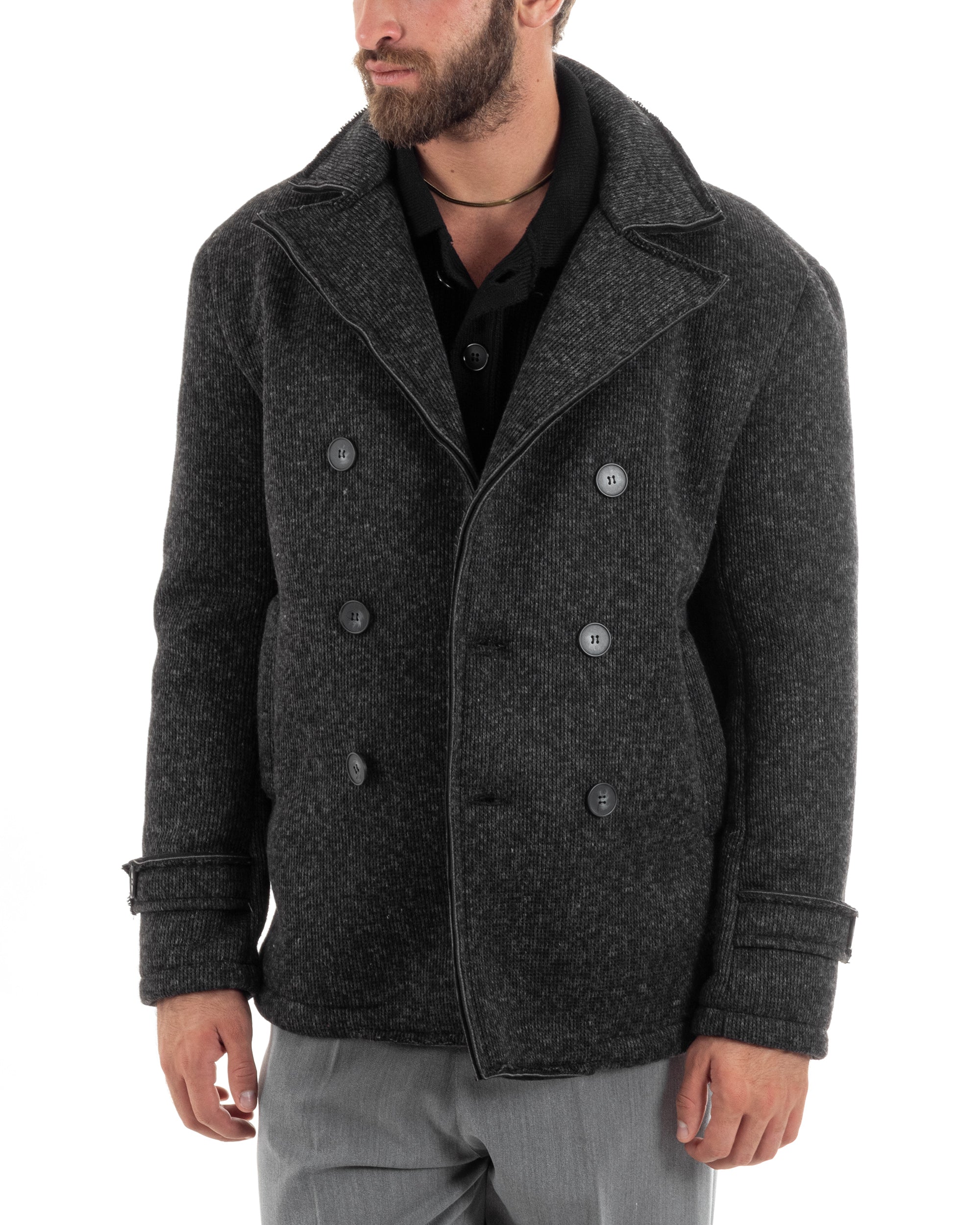 Cappotto Doppiopetto Uomo Giubbotto Caban Casual Collo Rever Caldo Nero Melangiato GIOSAL-G3261A