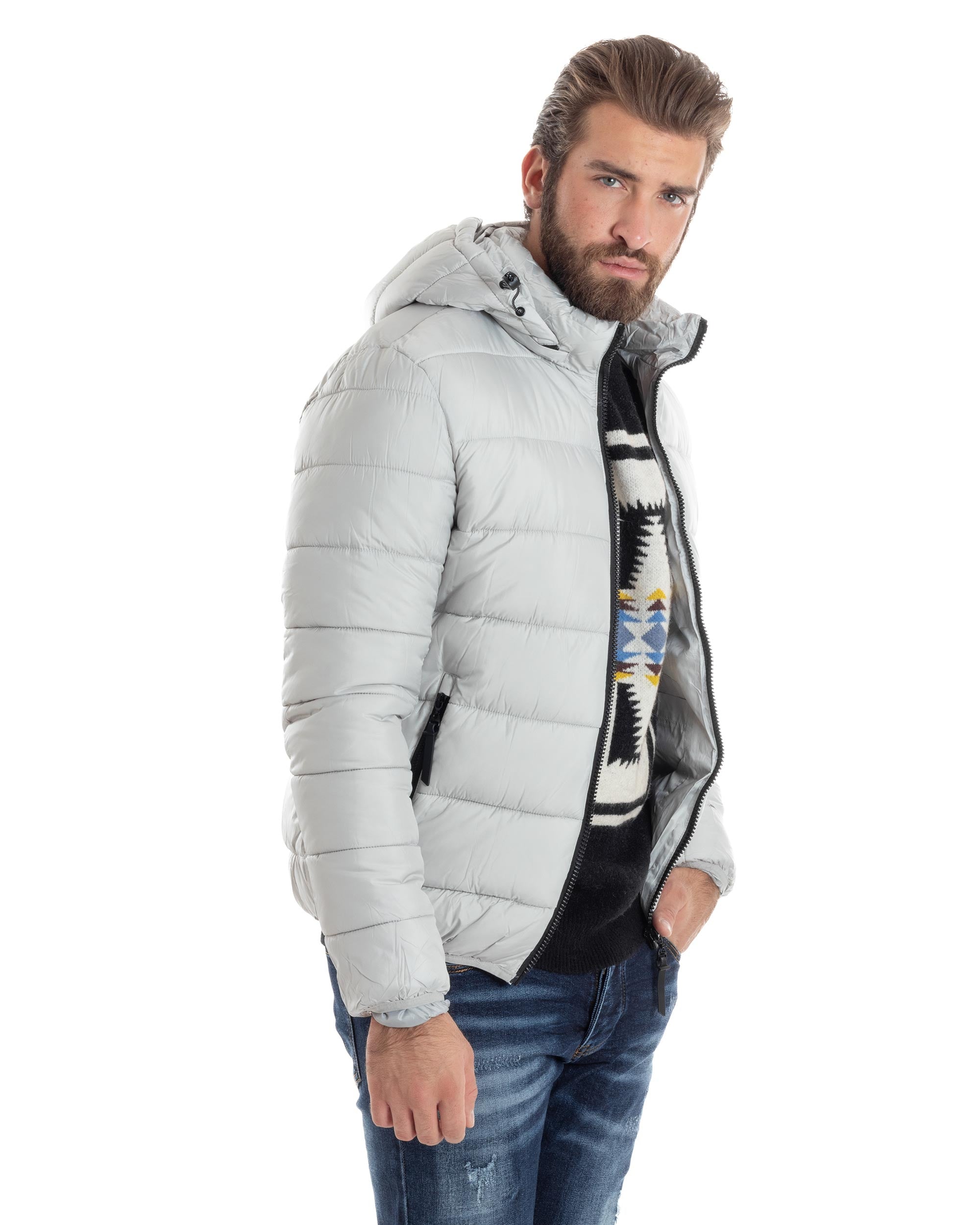 Giubbotto Uomo Bomber Con Cappuccio Piumino Imbottito Caldo Casual Basic Trapuntato Tinta Unita Ghiaccio GIOSAL-G3262A