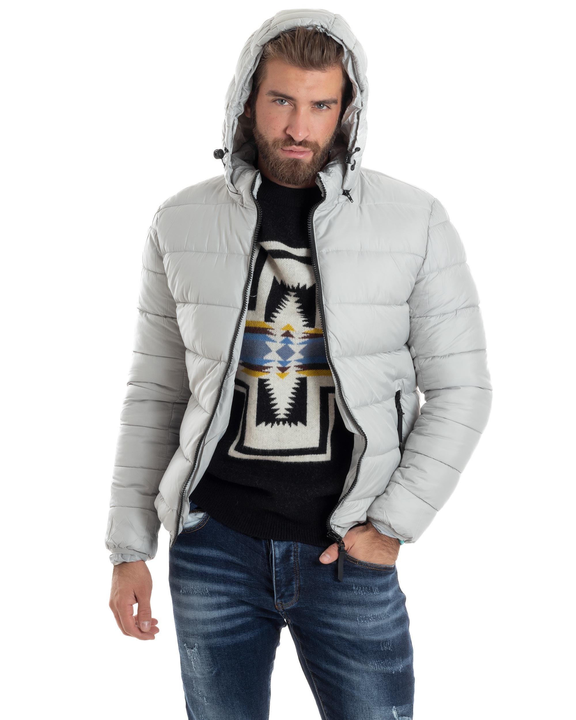 Giubbotto Uomo Bomber Con Cappuccio Piumino Imbottito Caldo Casual Basic Trapuntato Tinta Unita Ghiaccio GIOSAL-G3262A