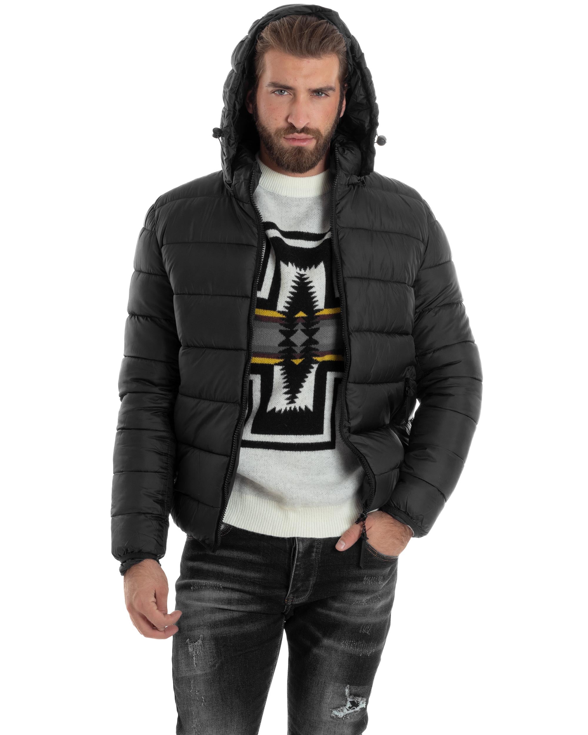 Giubbotto Uomo Bomber Con Cappuccio Piumino Imbottito Caldo Casual Basic Trapuntato Tinta Unita Nero GIOSAL-G3263A