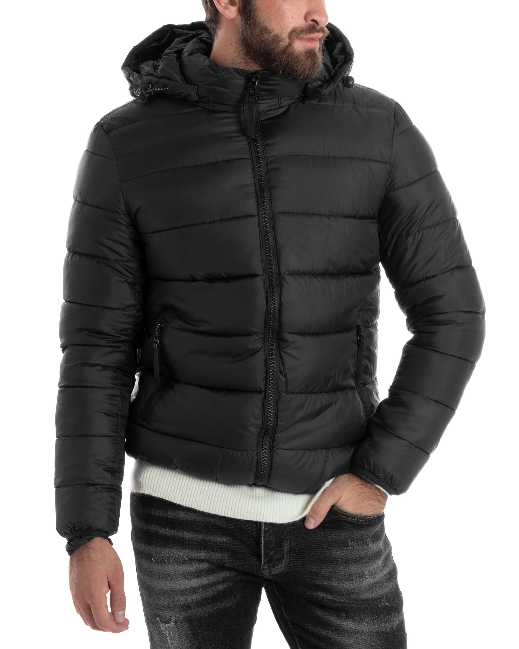 Giubbotto Uomo Bomber Con Cappuccio Piumino Imbottito Caldo Casual Basic Trapuntato Tinta Unita Nero GIOSAL-G3263A