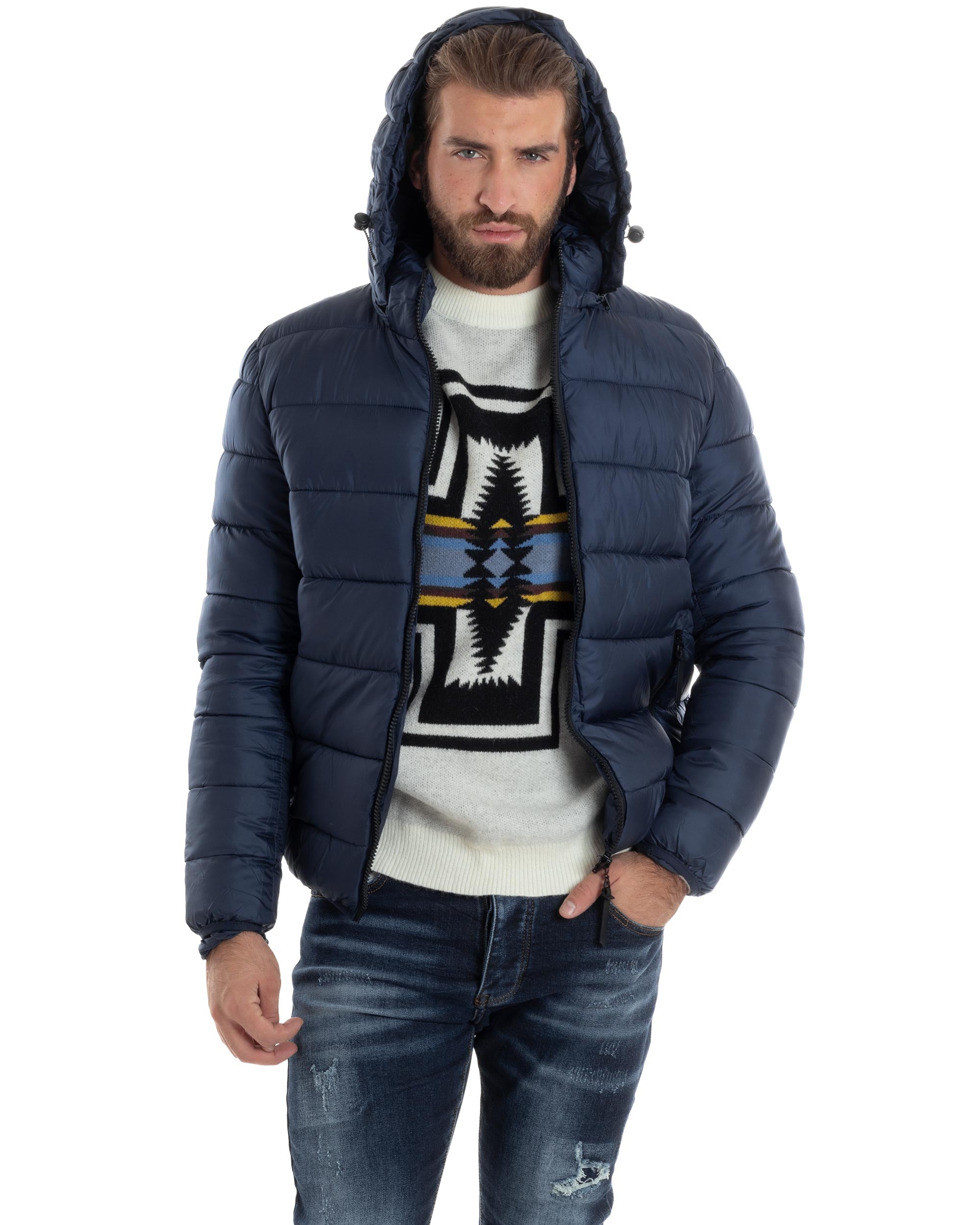 Giubbotto Uomo Bomber Con Cappuccio Piumino Imbottito Caldo Casual Basic Trapuntato Tinta Unita Blu GIOSAL-G3264A