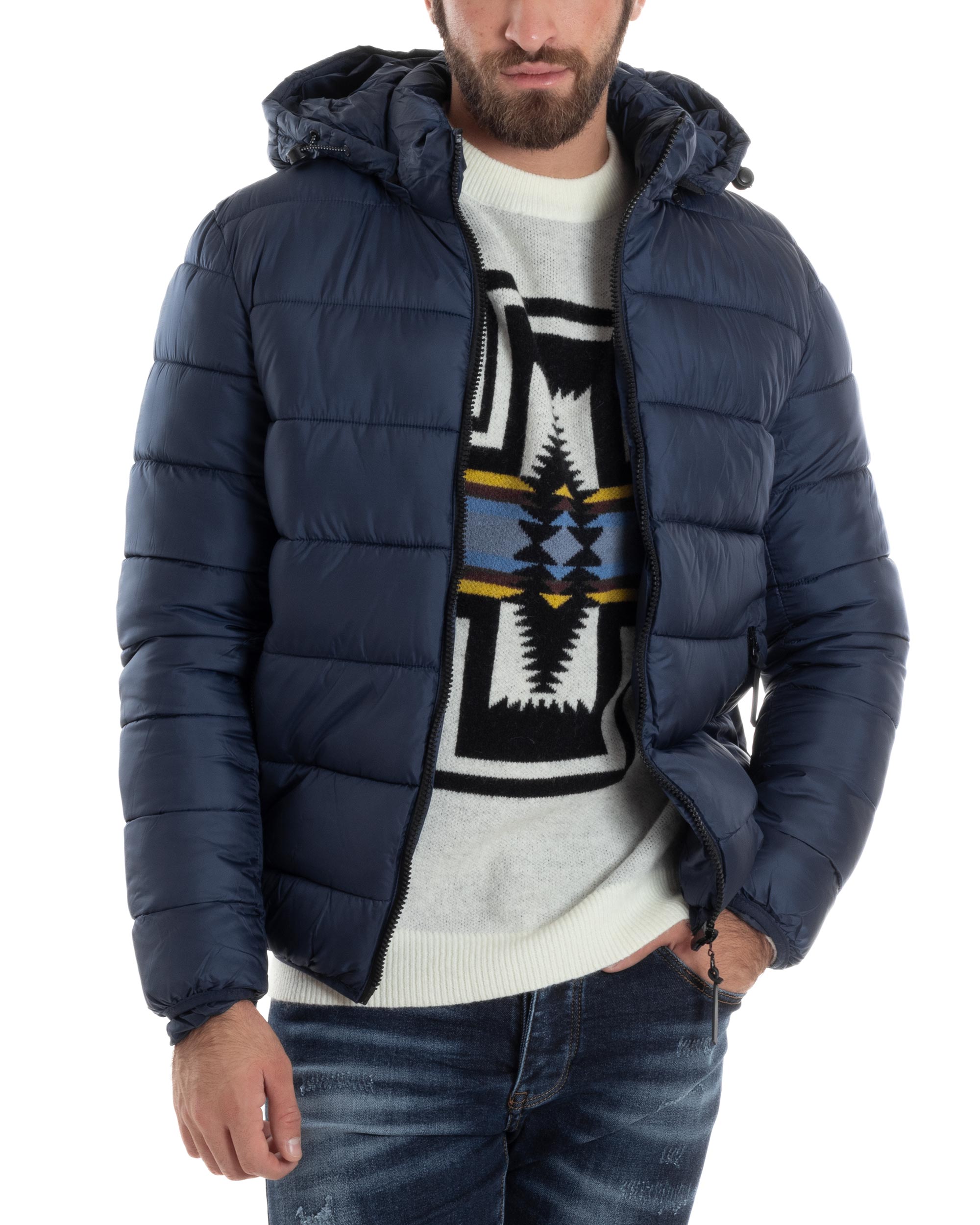 Giubbotto Uomo Bomber Con Cappuccio Piumino Imbottito Caldo Casual Basic Trapuntato Tinta Unita Blu GIOSAL-G3264A