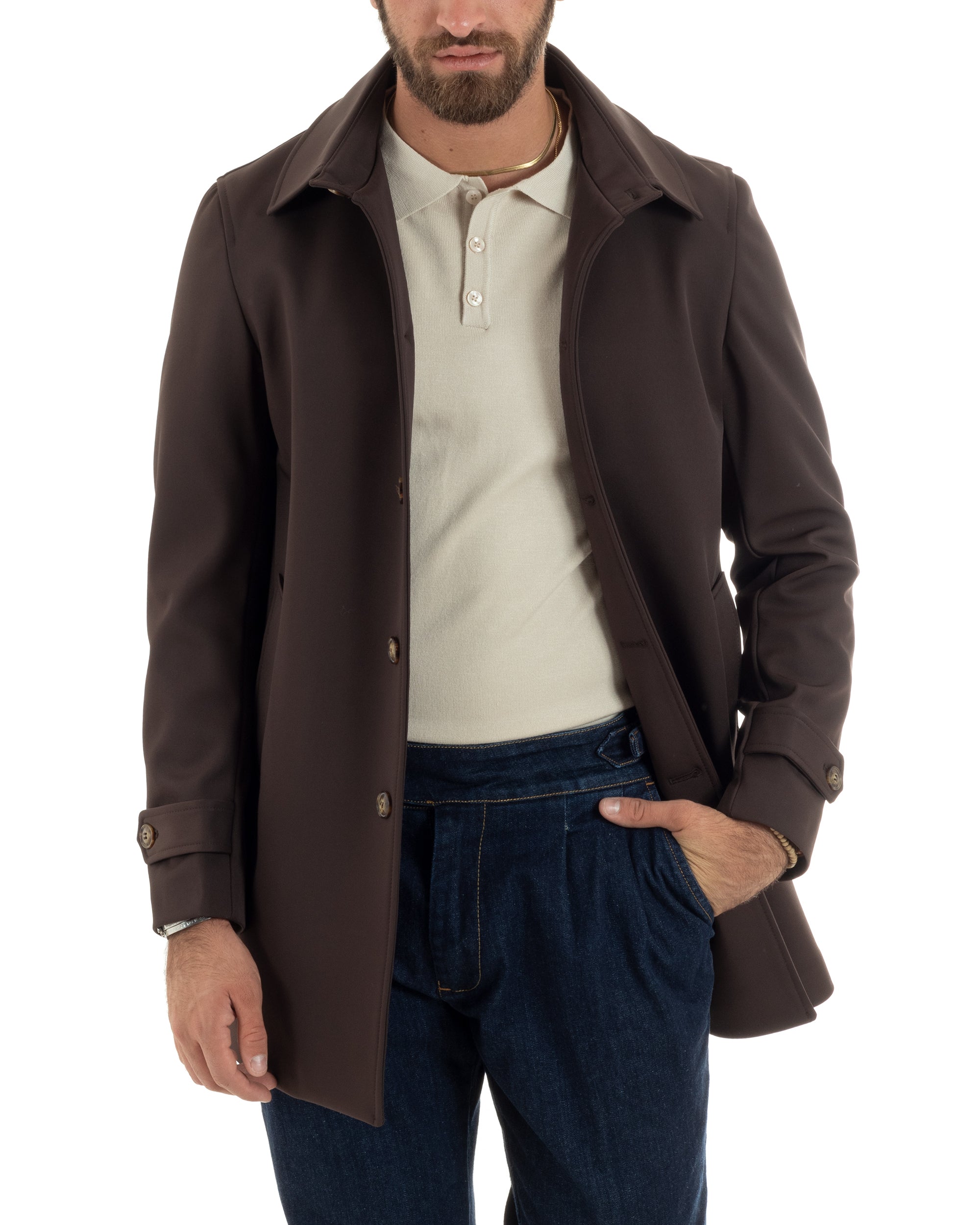 Giubbotto Uomo Imbottito Trench Lungo Con Colletto Basic Giaccone Caldo Tessuto Impermeabile Casual Tinta Unita Marrone GIOSAL-G3266A