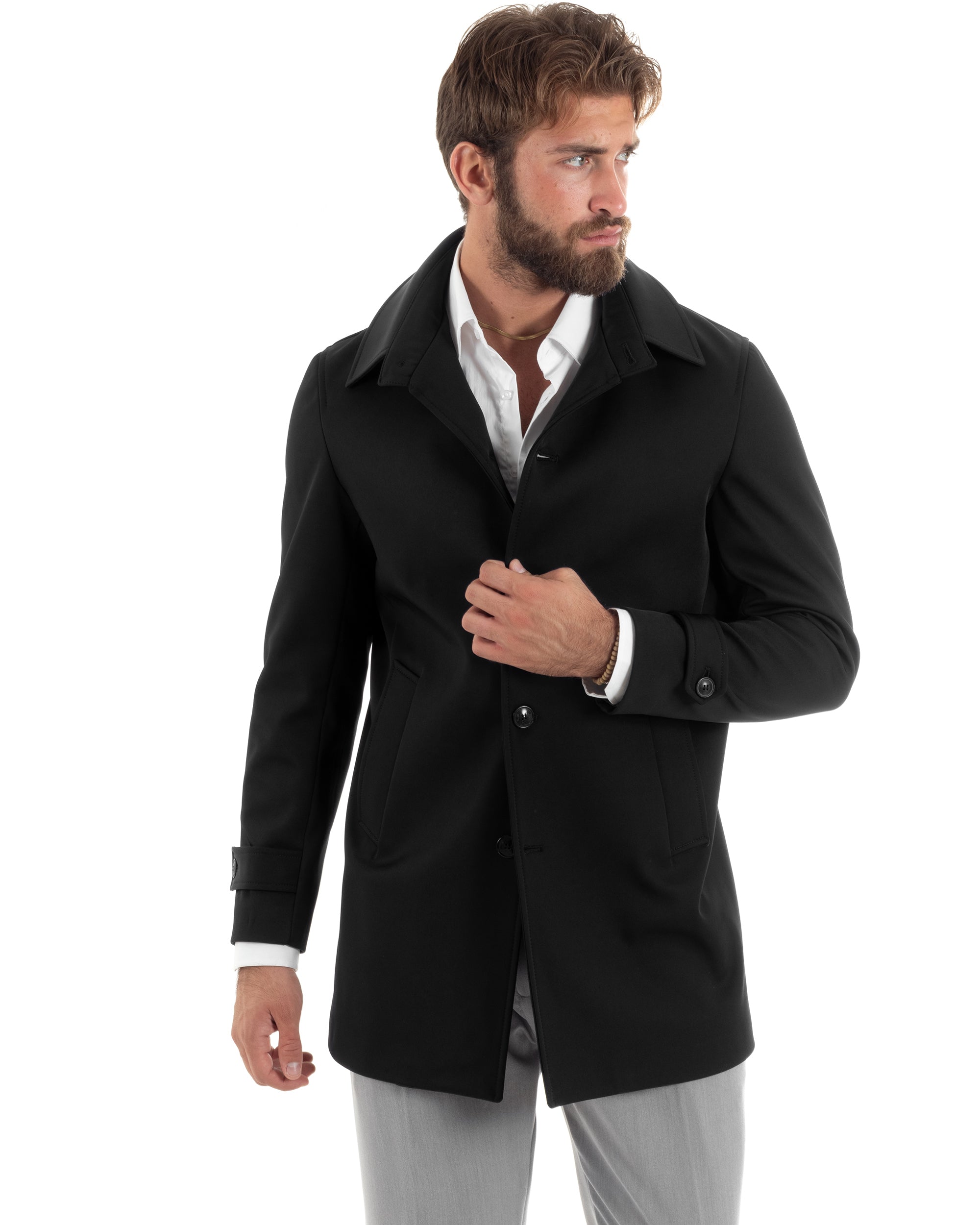 Giubbotto Uomo Imbottito Trench Lungo Con Colletto Basic Giaccone Caldo Tessuto Impermeabile Casual Tinta Unita Nero GIOSAL-G3268A