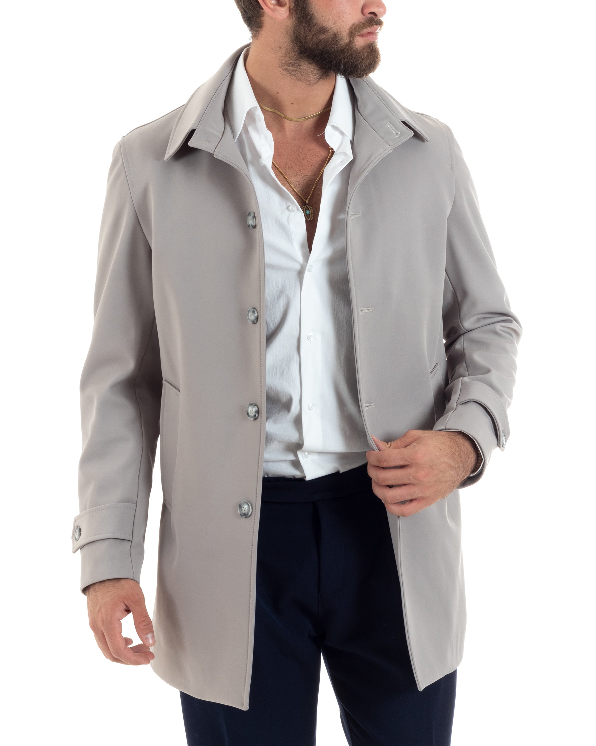 Giubbotto Uomo Imbottito Trench Lungo Con Colletto Basic Giaccone Caldo Tessuto Impermeabile Casual Tinta Unita Grigio GIOSAL-G3269A