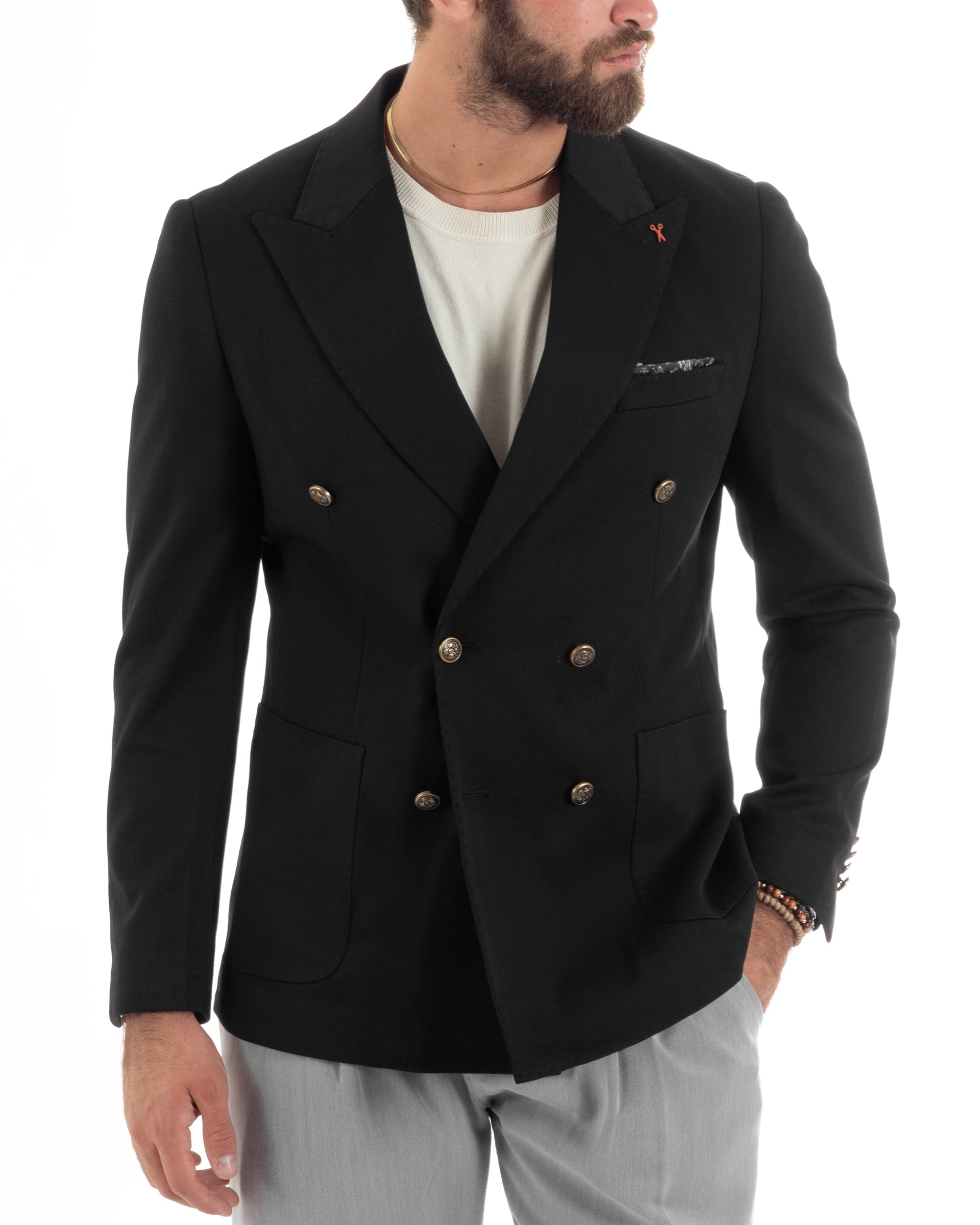 Giacca Uomo Doppiopetto Sartoriale Con Bottoni Metallo Cerimonia Elegante Casual Nero GIOSAL-G3270A