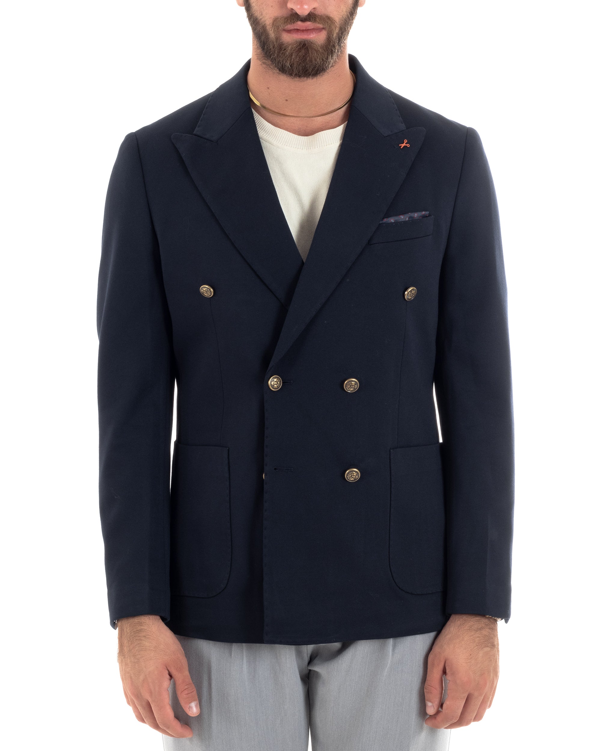 Giacca Uomo Doppiopetto Sartoriale Con Bottoni Metallo Cerimonia Elegante Casual Blu GIOSAL-G3271A