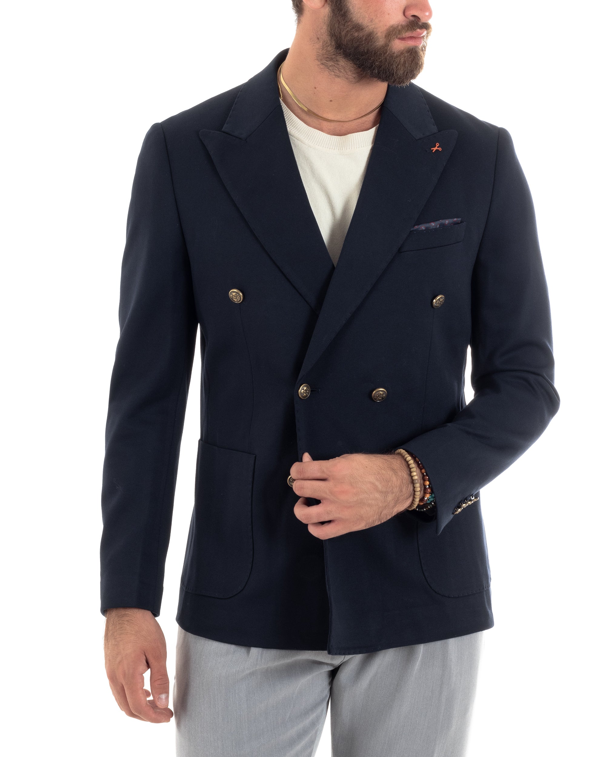 Giacca Uomo Doppiopetto Sartoriale Con Bottoni Metallo Cerimonia Elegante Casual Blu GIOSAL-G3271A