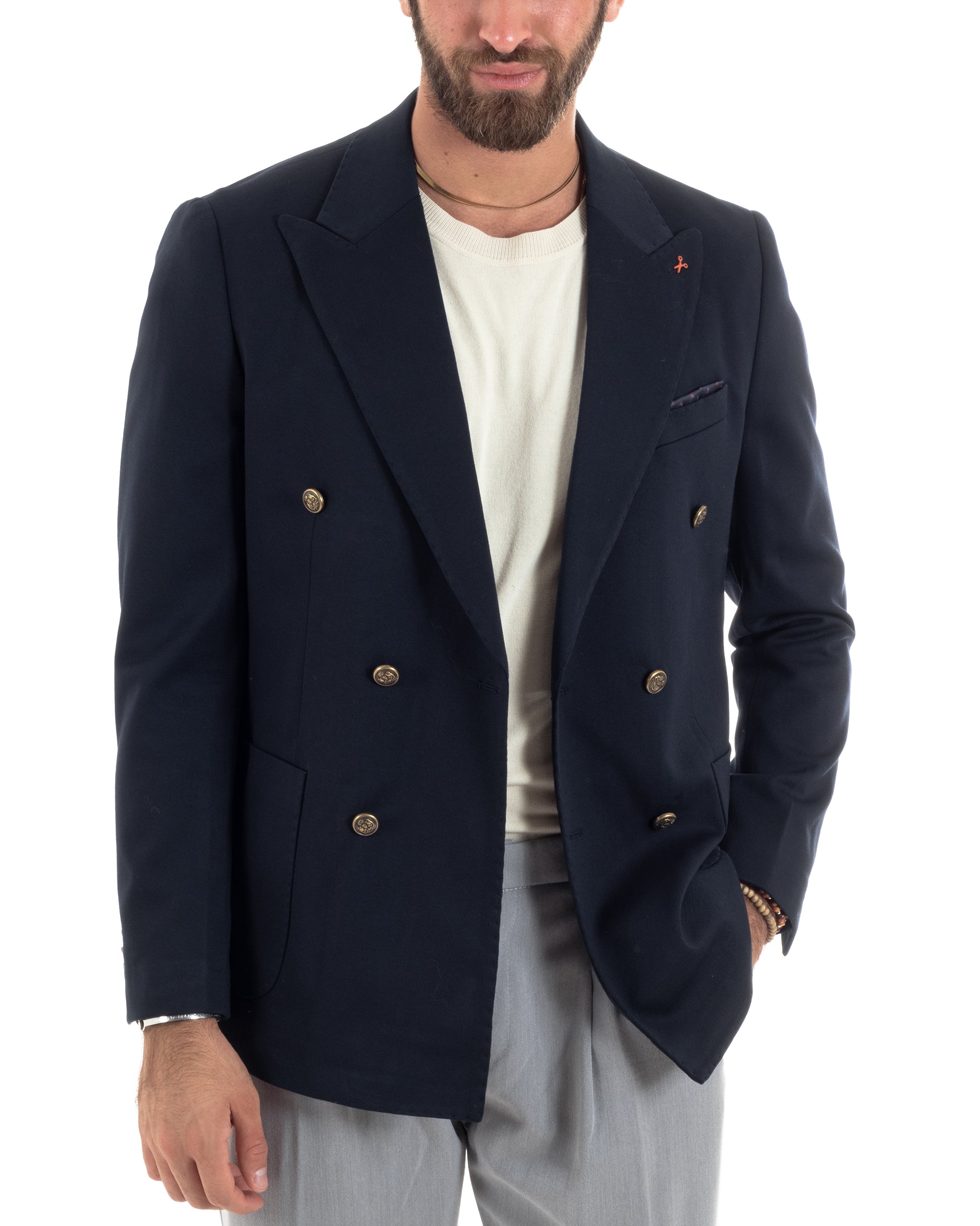 Giacca Uomo Doppiopetto Sartoriale Con Bottoni Metallo Cerimonia Elegante Casual Blu GIOSAL-G3271A