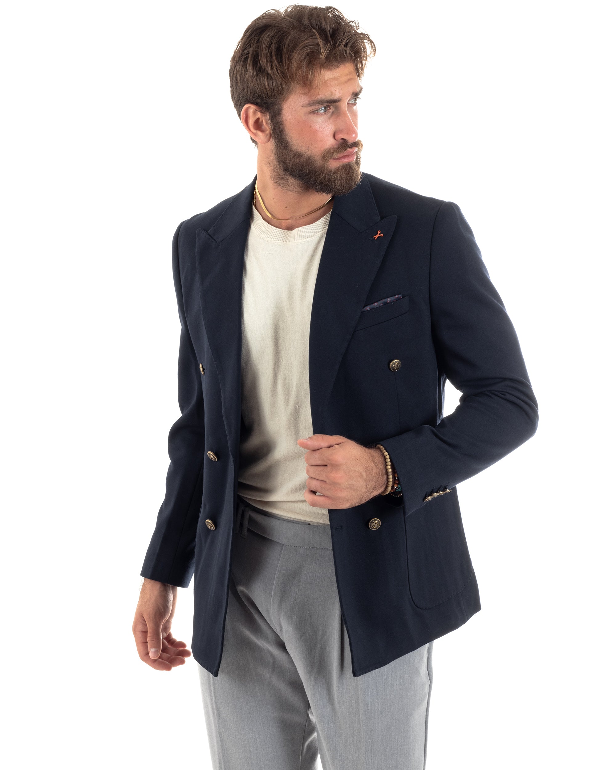 Giacca Uomo Doppiopetto Sartoriale Con Bottoni Metallo Cerimonia Elegante Casual Blu GIOSAL-G3271A