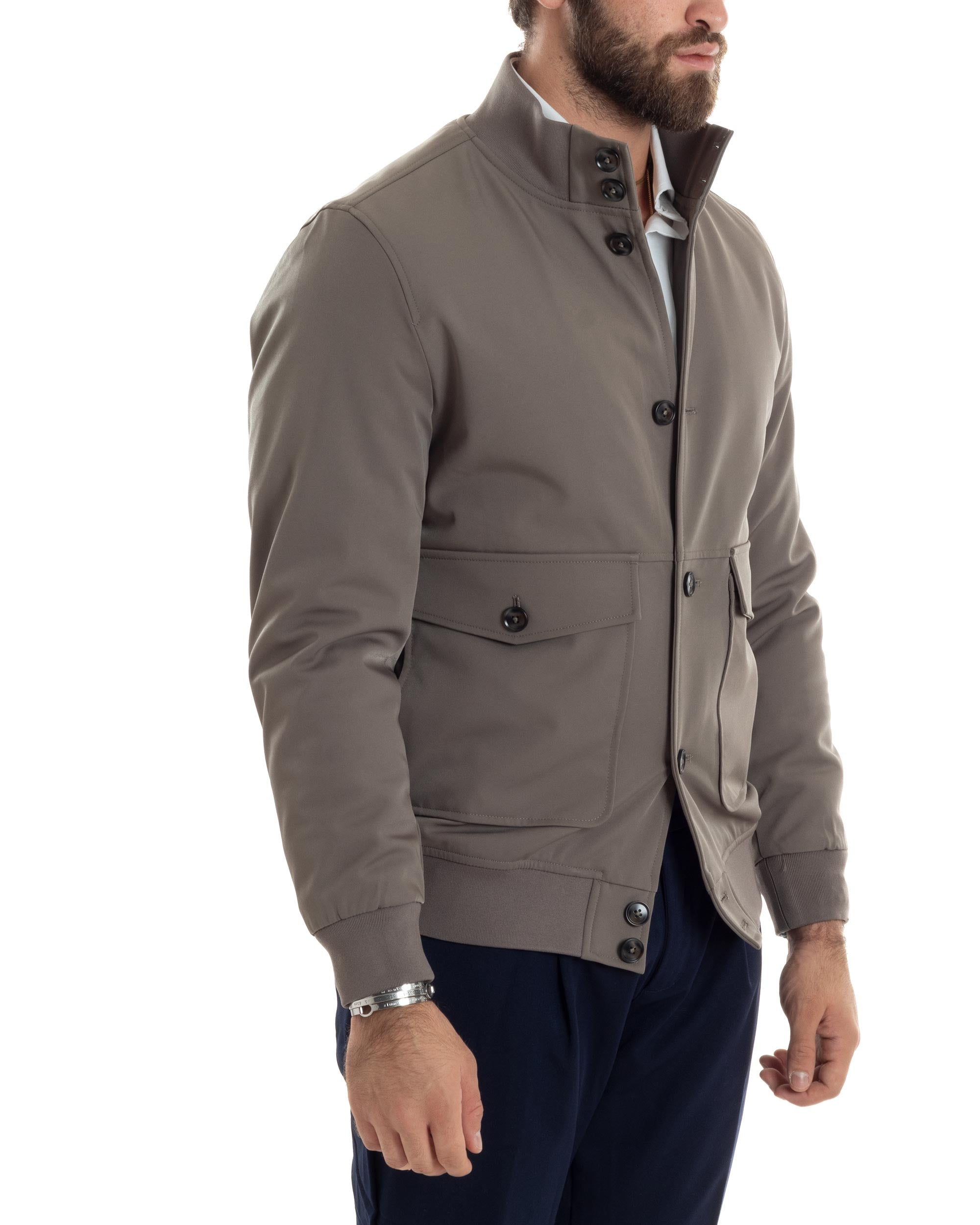 Giubbotto Uomo Giacca College Con Bottoni Tessuto Tecnico Tasche Con Patta Bomber Imbottito Caldo Beige GIOSAL-G3272A