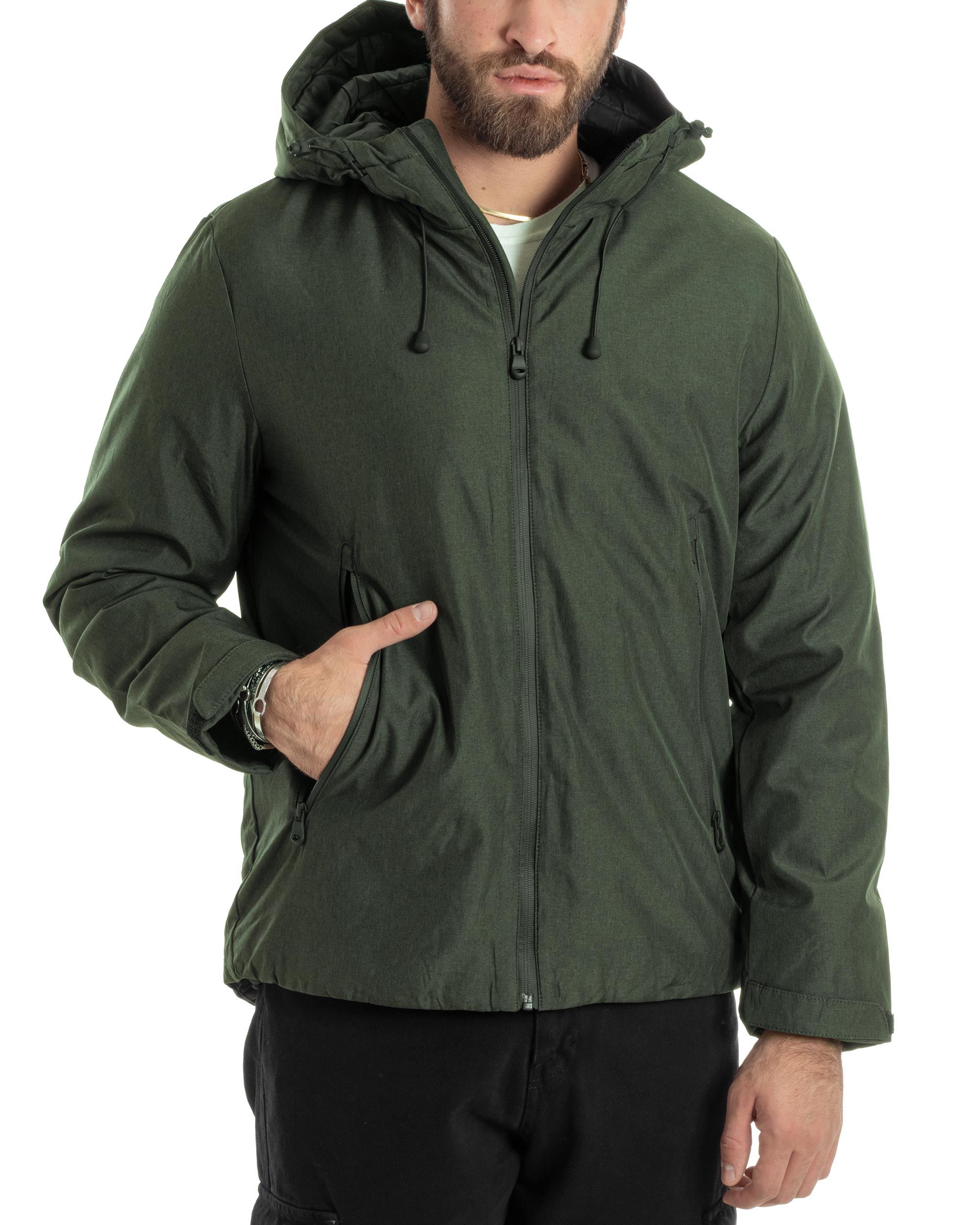 Giubbotto Uomo Con Cappuccio Tessuto Tecnico Giacca Imbottita Calda Tinta Unita Casual Verde Melangiato GIOSAL-G3276A