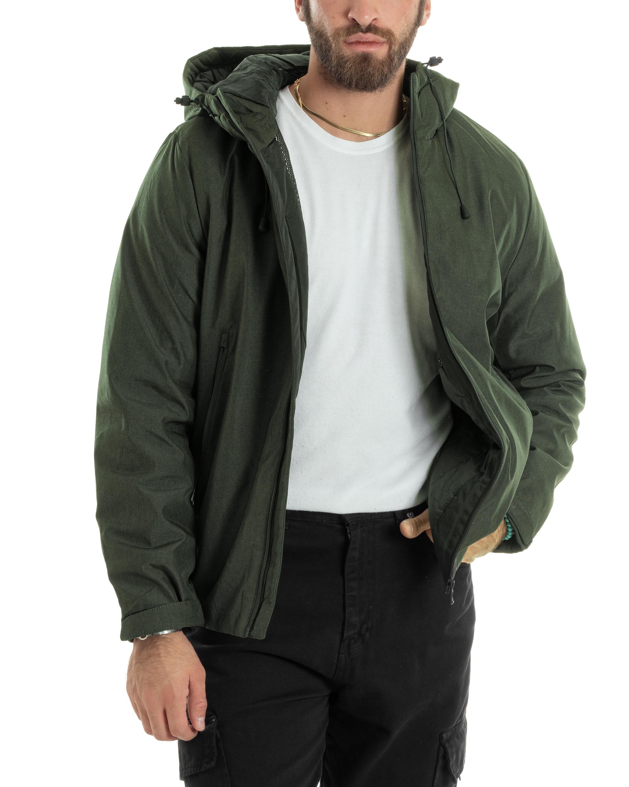 Giubbotto Uomo Con Cappuccio Tessuto Tecnico Giacca Imbottita Calda Tinta Unita Casual Verde Melangiato GIOSAL-G3276A