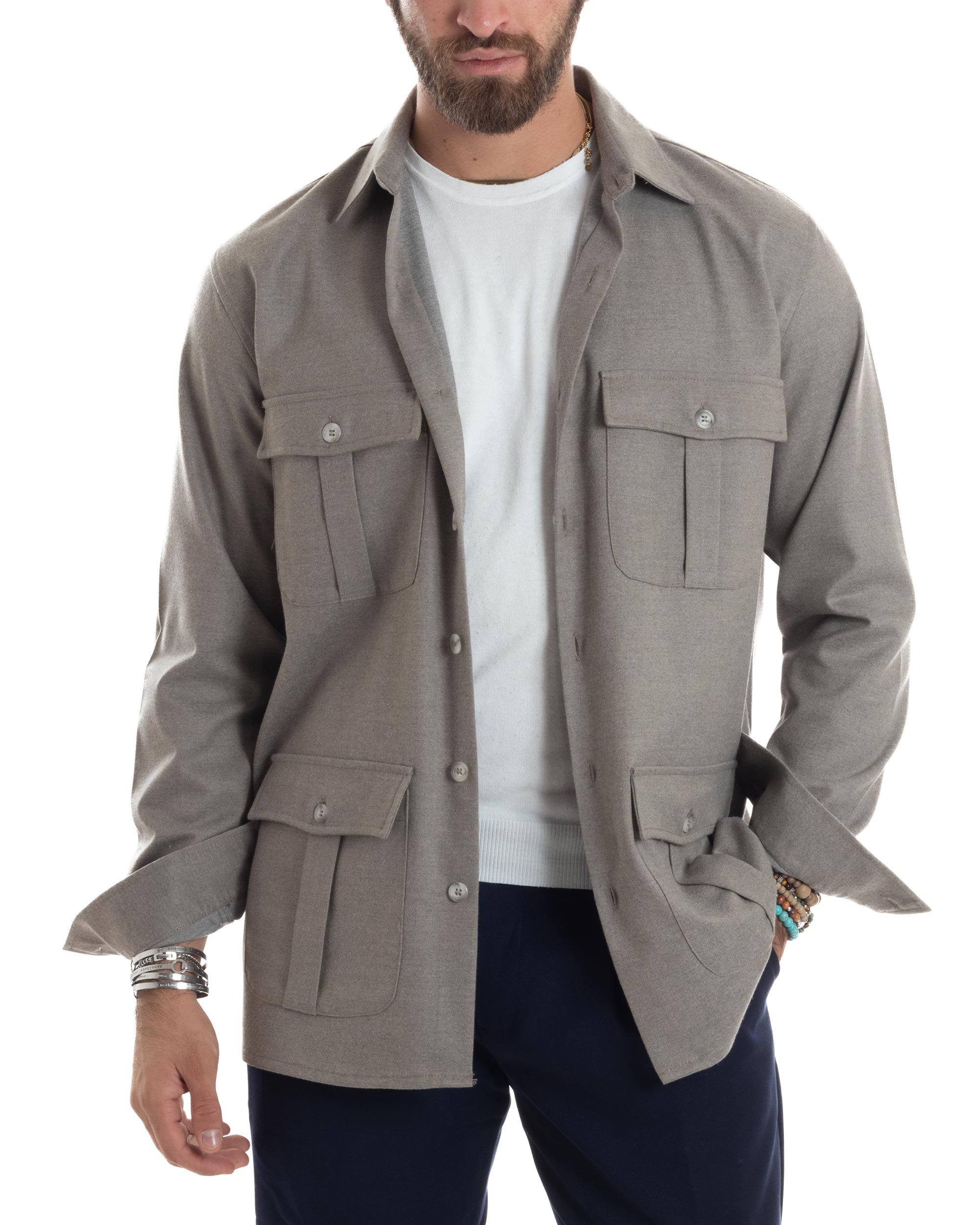 Giacca Sahariana Uomo Flanella Camicia Giubbotto Overshirt Tasconi E Colletto Camicione Casual Tinta Unita Beige GIOSAL-G3279A