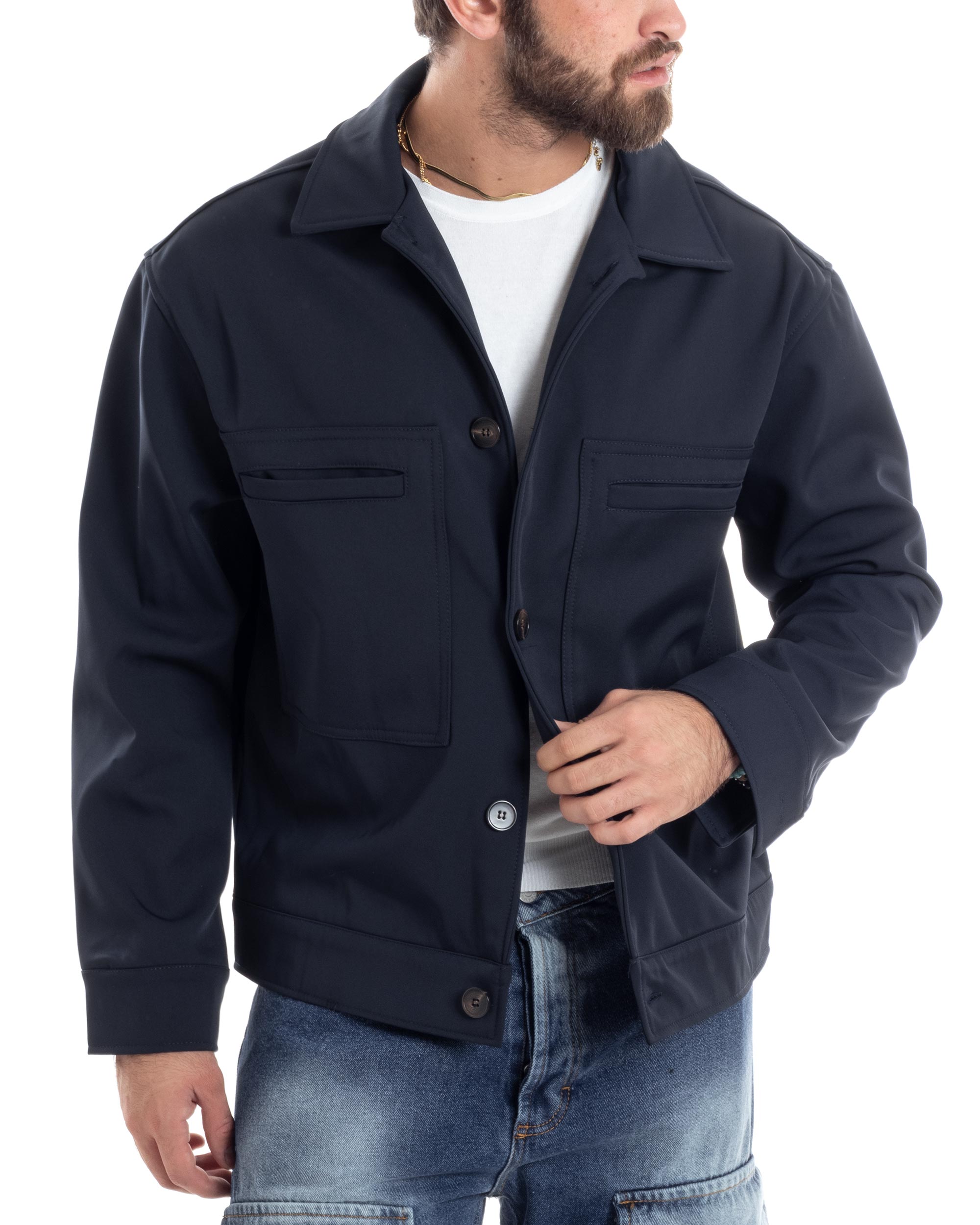 Giubbotto Uomo Camicia Impermeabile Sahariana Overshirt Giacca Tecnica Maniche Lunghe Tinta Unita Blu GIOSAL-G3280A