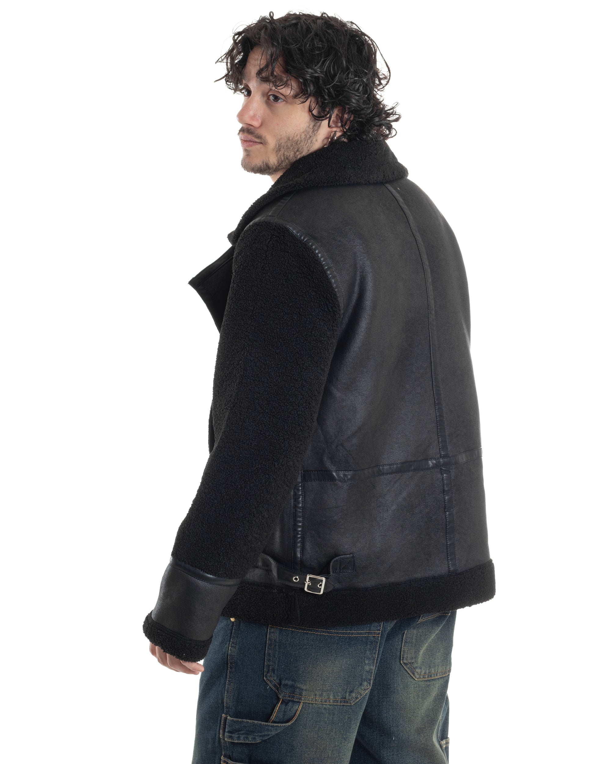 Giubbotto Montone Uomo Camoscio Chiodo Caldo Pelliccia Teddy Giacca Aviatore Zip Nero GIOSAL-G3284A