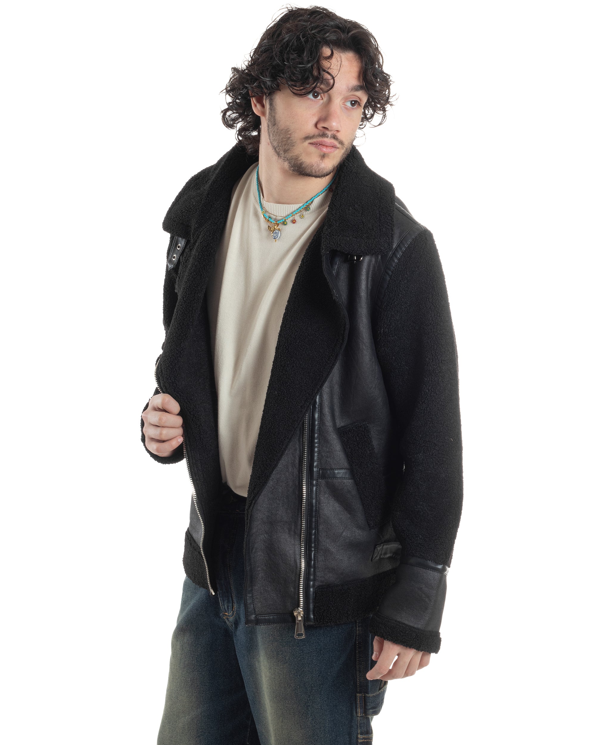 Giubbotto Montone Uomo Camoscio Chiodo Caldo Pelliccia Teddy Giacca Aviatore Zip Nero GIOSAL-G3284A