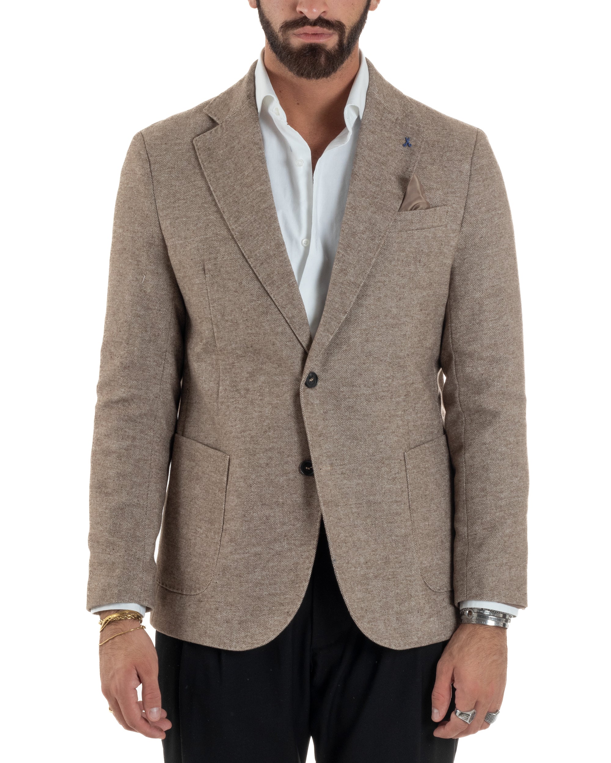 Giacca Uomo Lana Monopetto Puntinata Tinta Unita Beige BZ1003A