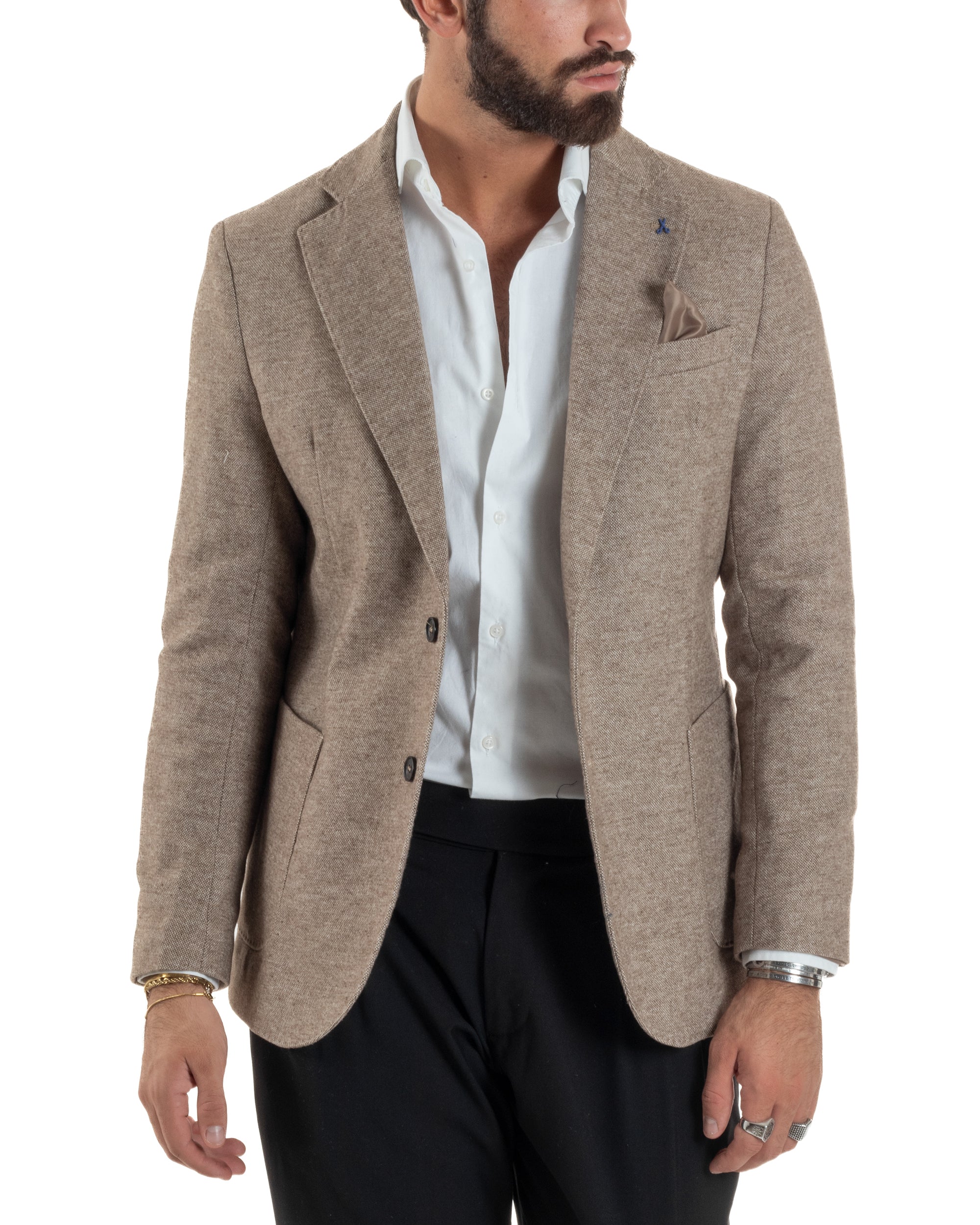 Giacca Uomo Lana Monopetto Puntinata Tinta Unita Beige BZ1003A