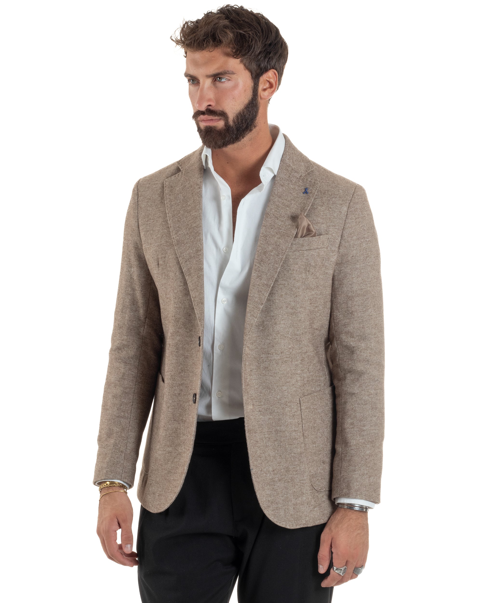 Giacca Uomo Lana Monopetto Puntinata Tinta Unita Beige BZ1003A