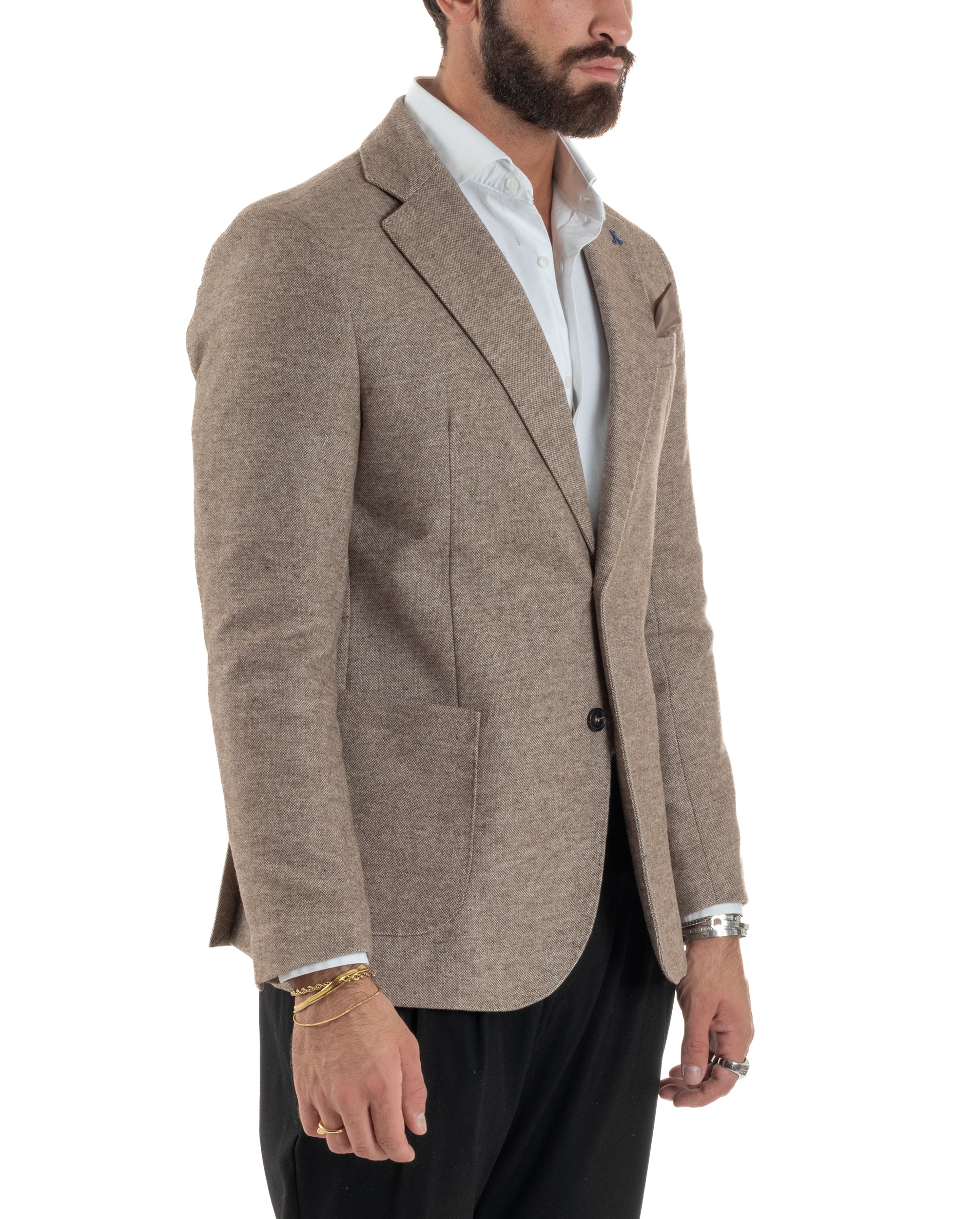 Giacca Uomo Lana Monopetto Puntinata Tinta Unita Beige BZ1003A