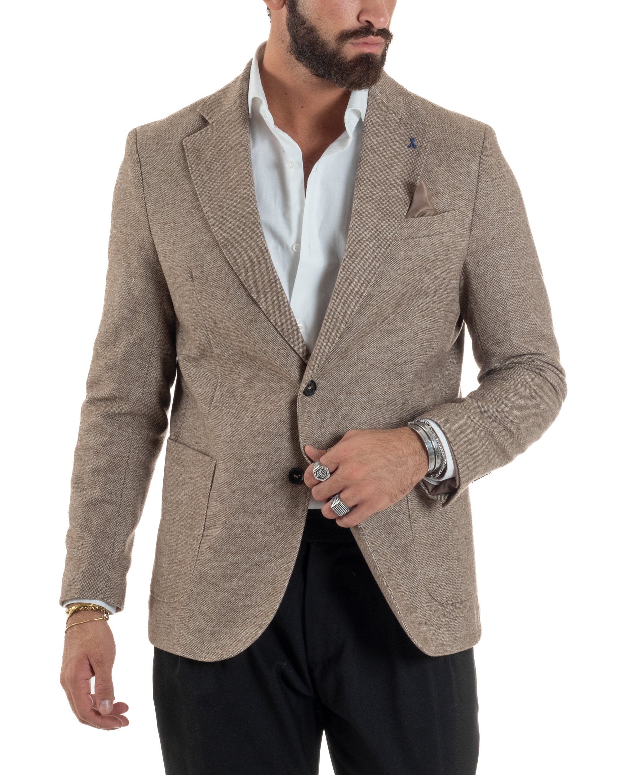 Giacca Uomo Lana Monopetto Puntinata Tinta Unita Beige BZ1003A