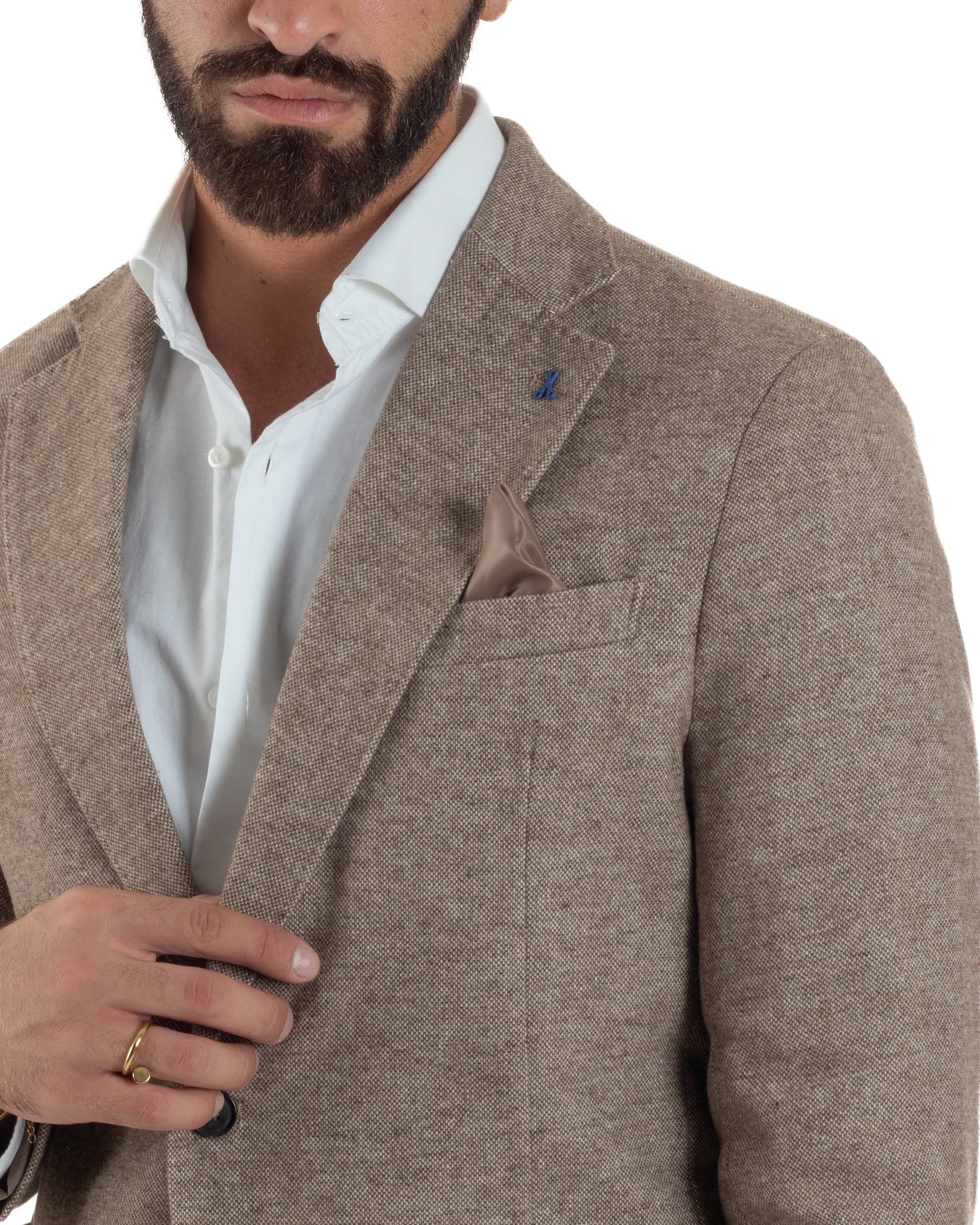 Giacca Uomo Lana Monopetto Puntinata Tinta Unita Beige BZ1003A