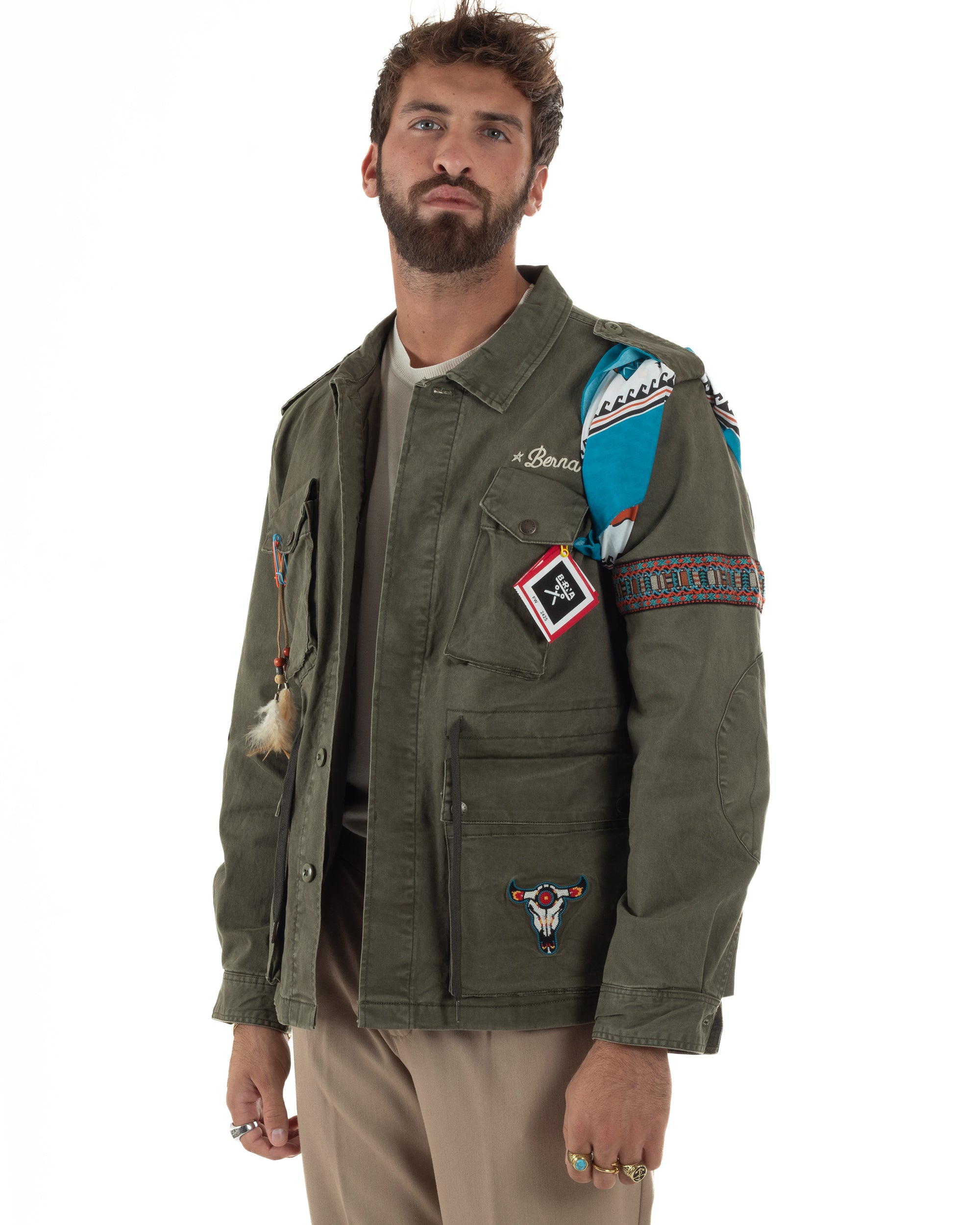 Giacca Sahariana Giubbotto Camicione Tinta Unita Verde Militare BERNA M252283