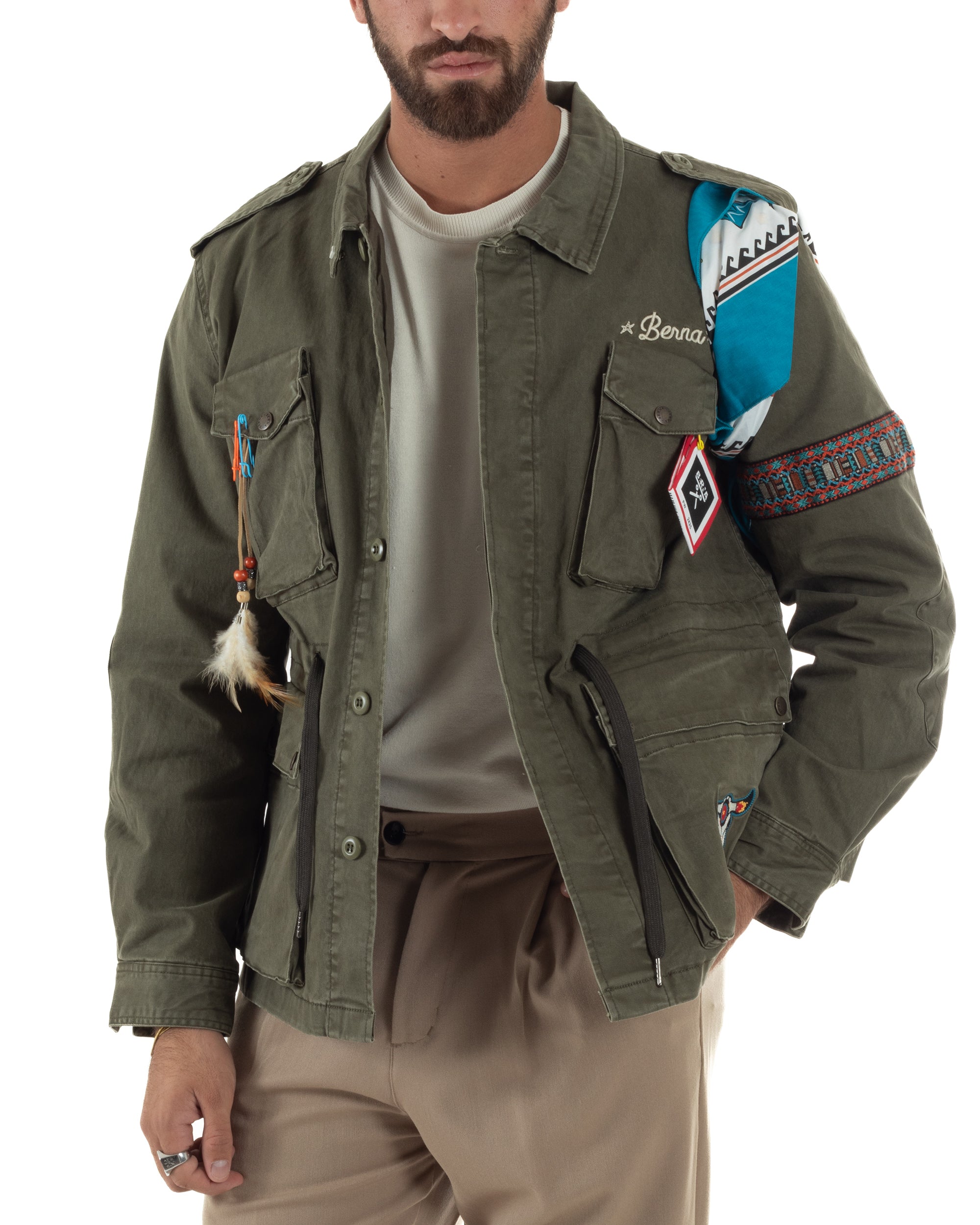 Giacca Sahariana Giubbotto Camicione Tinta Unita Verde Militare BERNA M252283