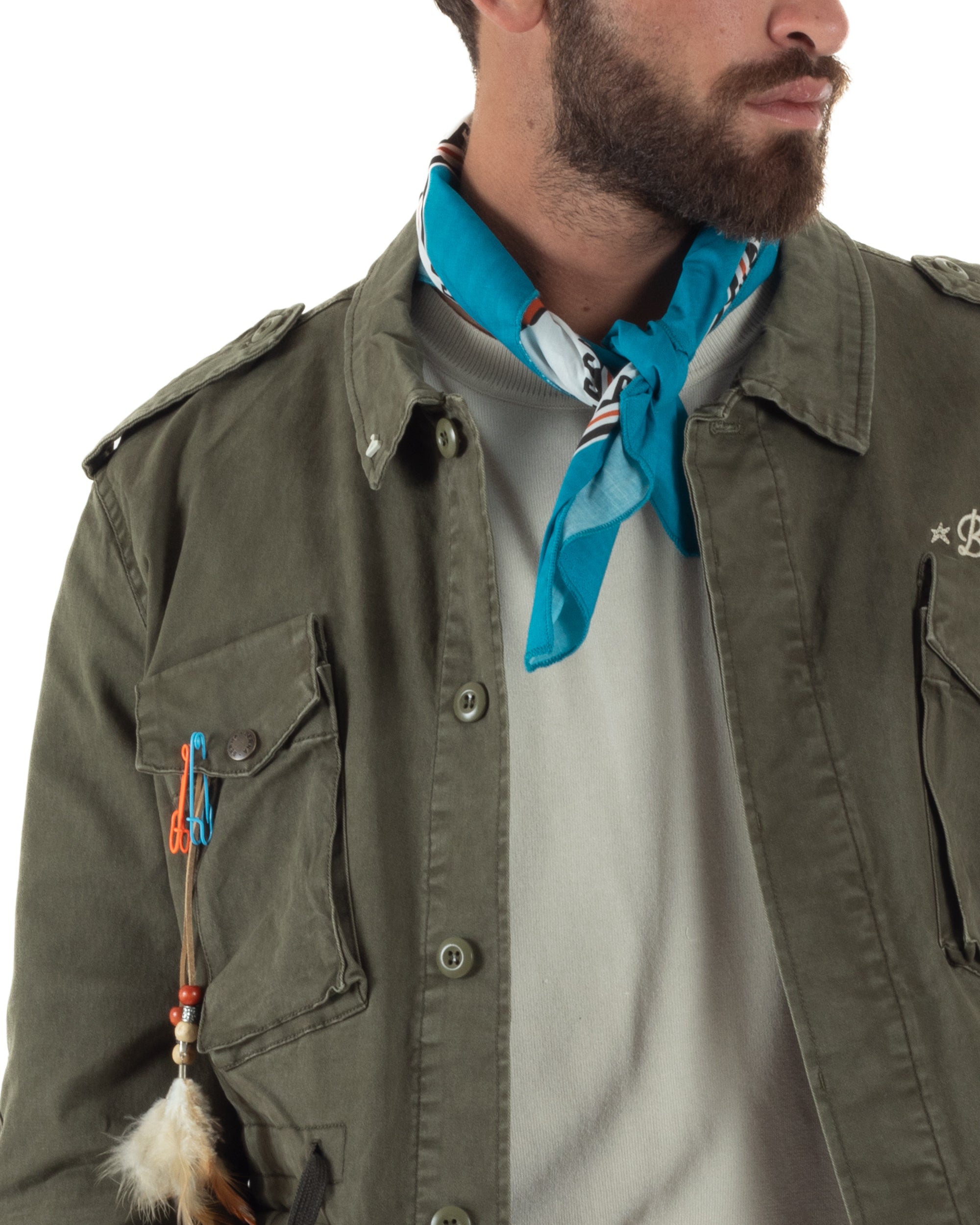 Giacca Sahariana Giubbotto Camicione Tinta Unita Verde Militare BERNA M252283