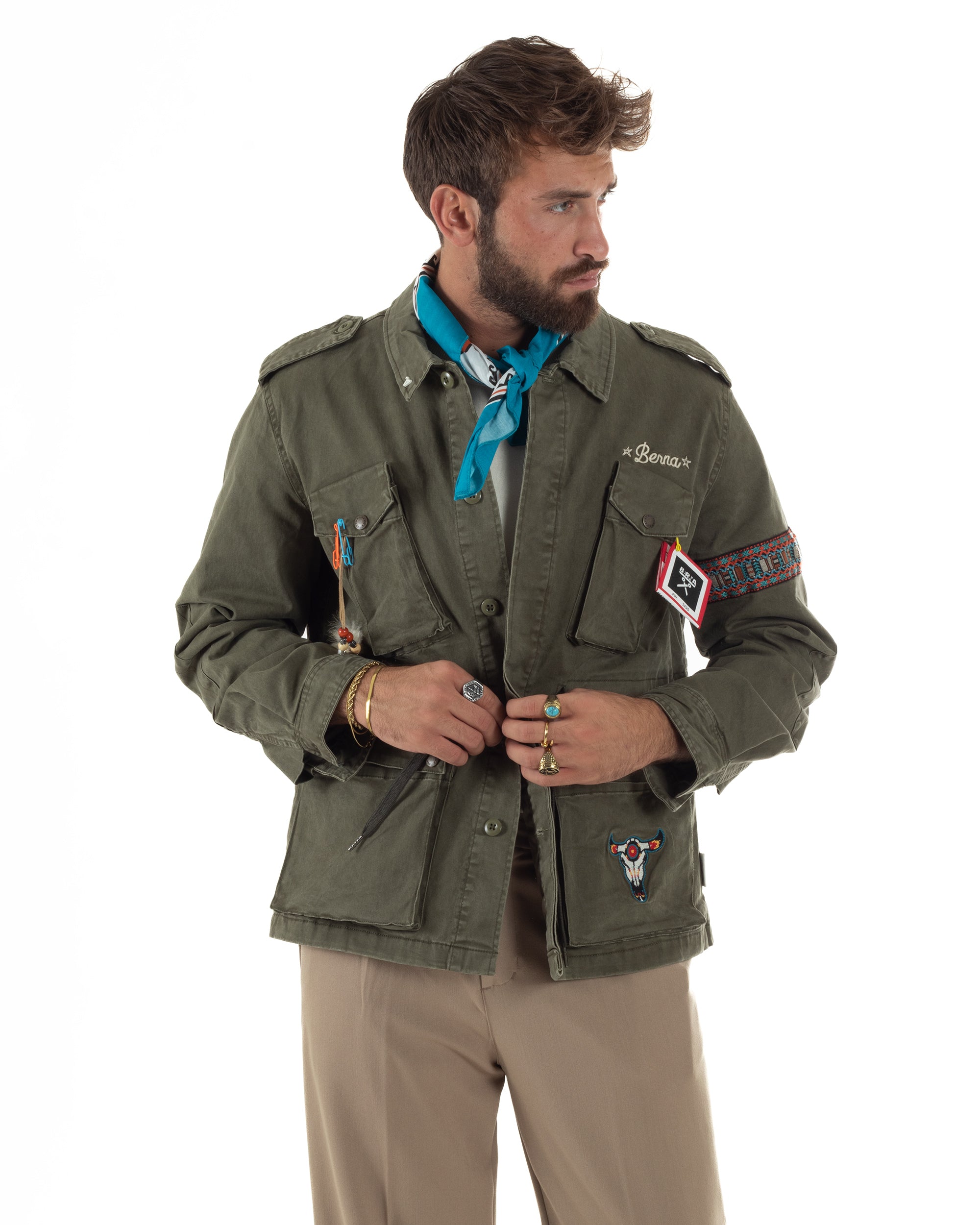 Giacca Sahariana Giubbotto Camicione Tinta Unita Verde Militare BERNA M252283