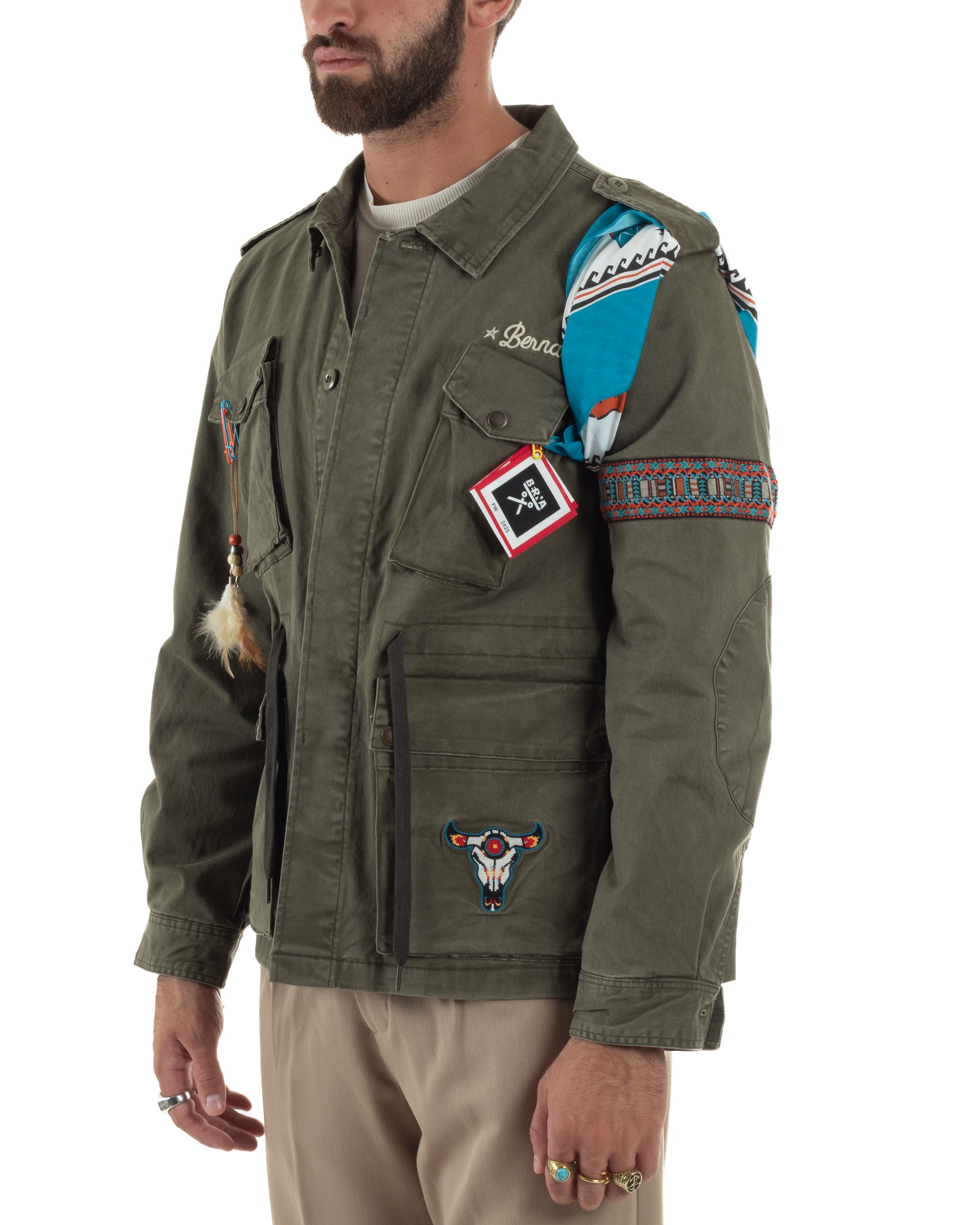 Giacca Sahariana Giubbotto Camicione Tinta Unita Verde Militare BERNA M252283