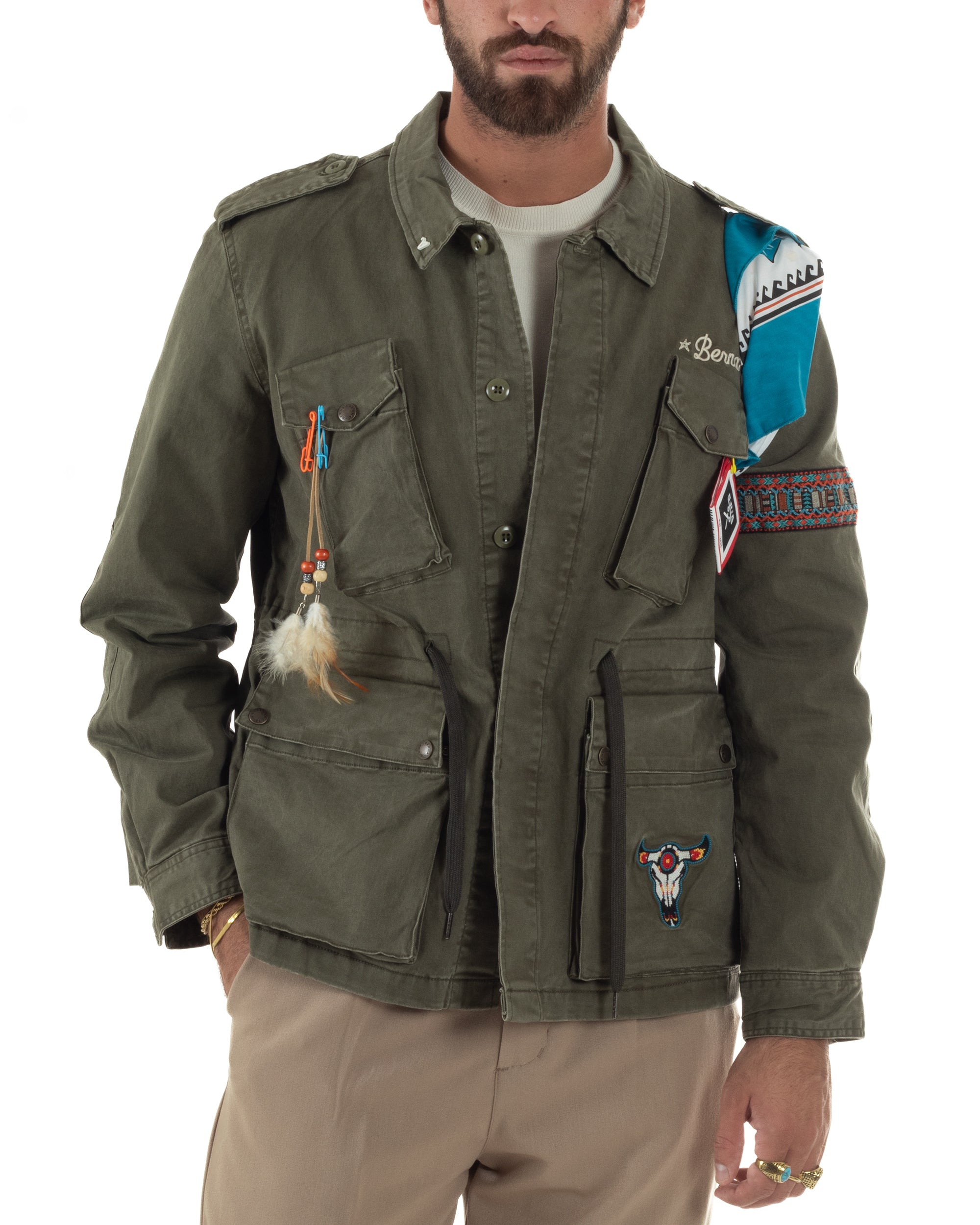 Giacca Sahariana Giubbotto Camicione Tinta Unita Verde Militare BERNA M252283