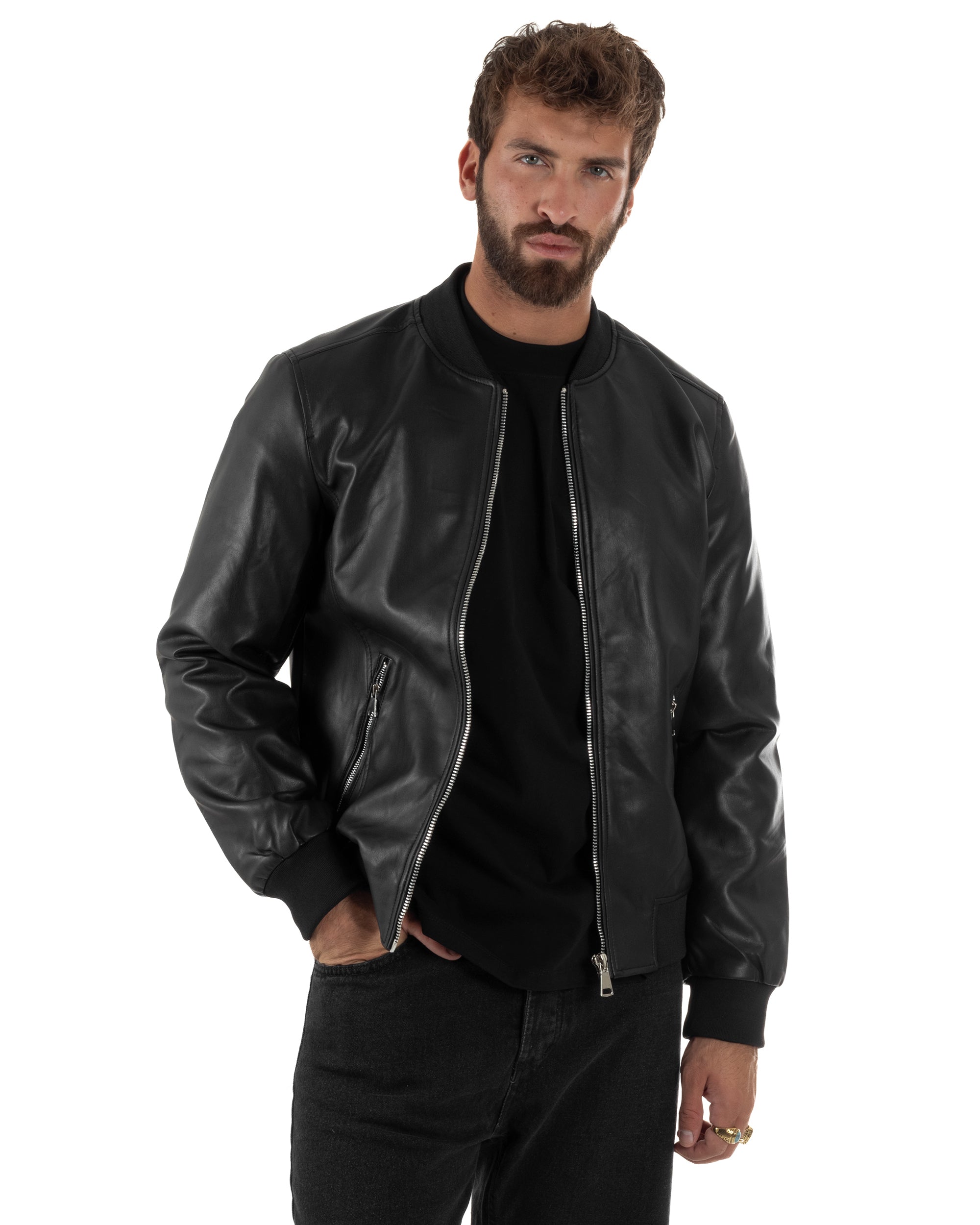 Giubbotto Uomo College Ecopelle Vintage Biker Basic Imbottito Nero G3337A