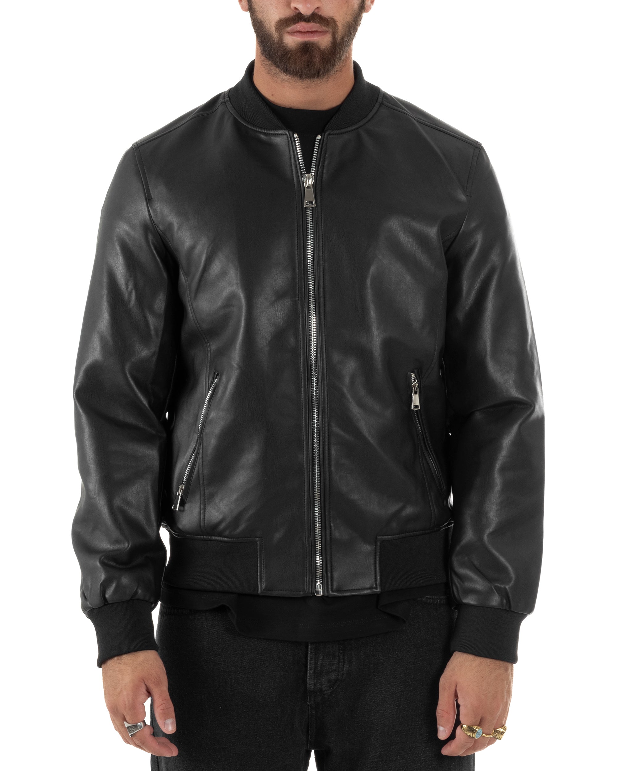 Giubbotto Uomo College Ecopelle Vintage Biker Basic Imbottito Nero G3337A