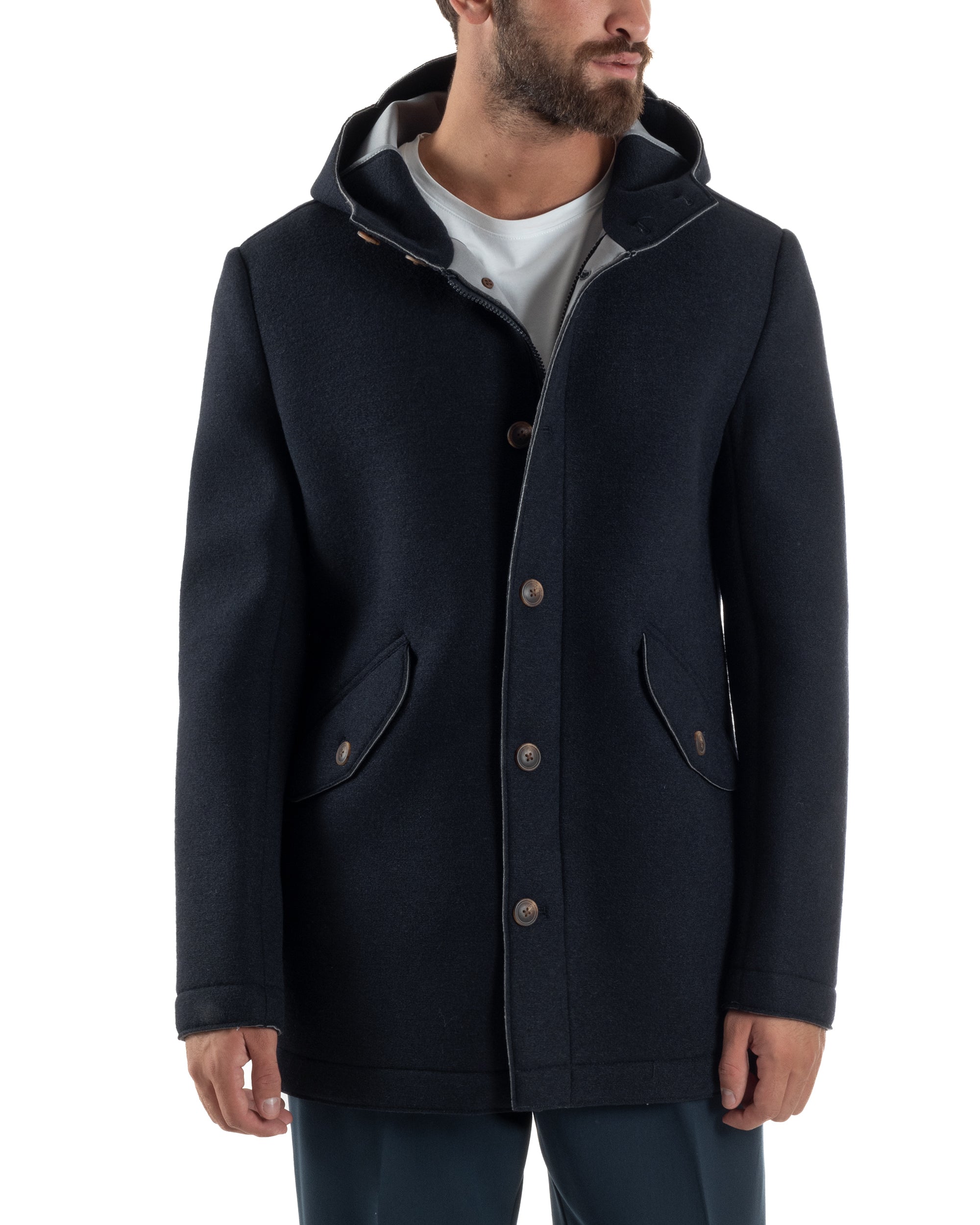 Cappotto Uomo Parka Lungo Cappuccio Tessuto Scuba Lana Blu Over-D OC1F2W5J35