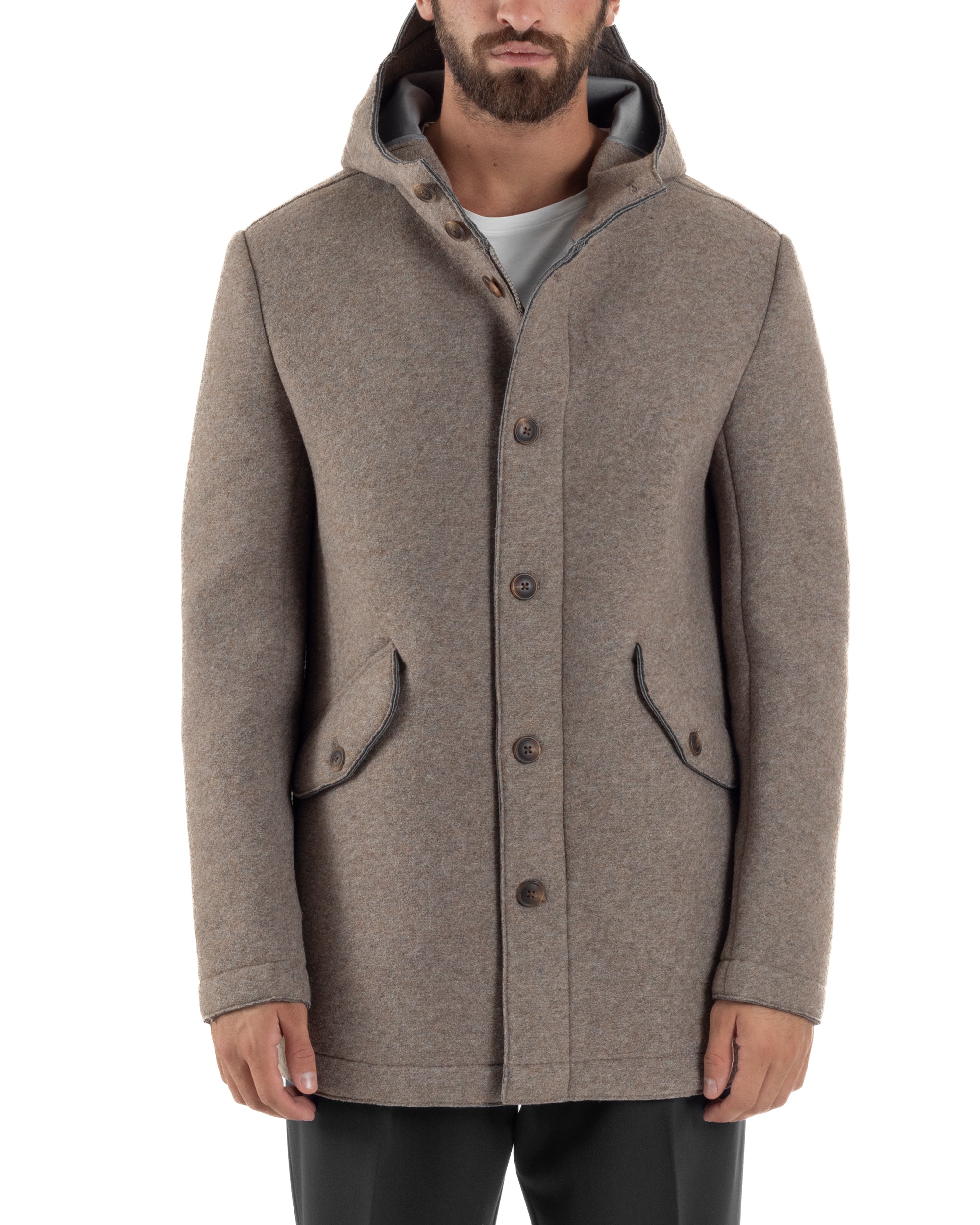 Cappotto Uomo Parka Lungo Cappuccio Tessuto Scuba Lana Beige Over-D OC1F2W5J35